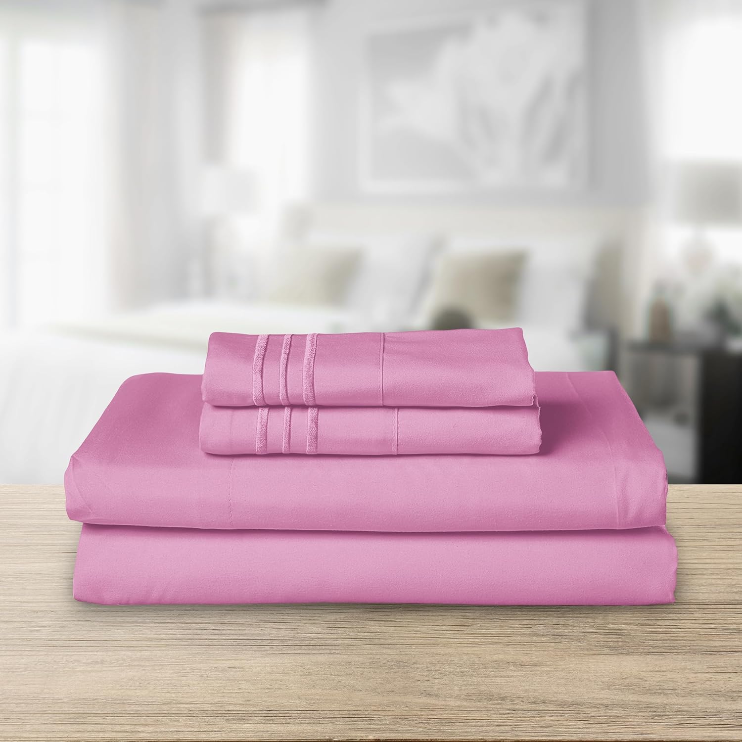 Elegant Comfort Luxurious 1500 Premium Hotel Quality Microfiber Three Line Embroidered Softest 4-Piece Bed Sheet Set, Wrinkle and Fade Resistant, Full, Light Pink - Image 2