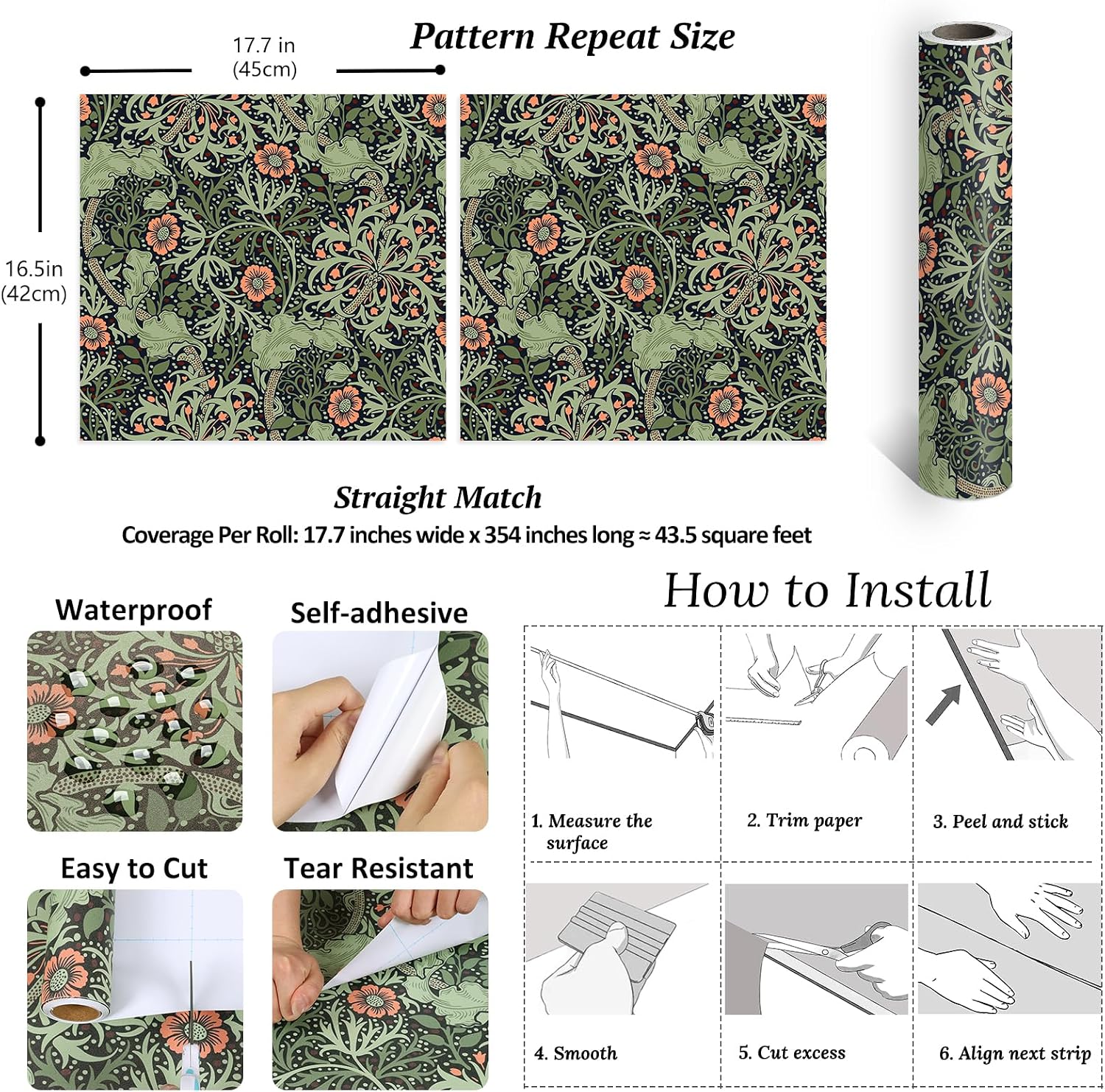 VEELIKE William Morris Seaweed Wallpaper Peel and Stick Vintage Floral Wallpaper for Bedroom Bathroom 17.7''x354'' Renter Friendly Self Adhesive Floral Wall Paper for Accent Walls Furniture Home Decor