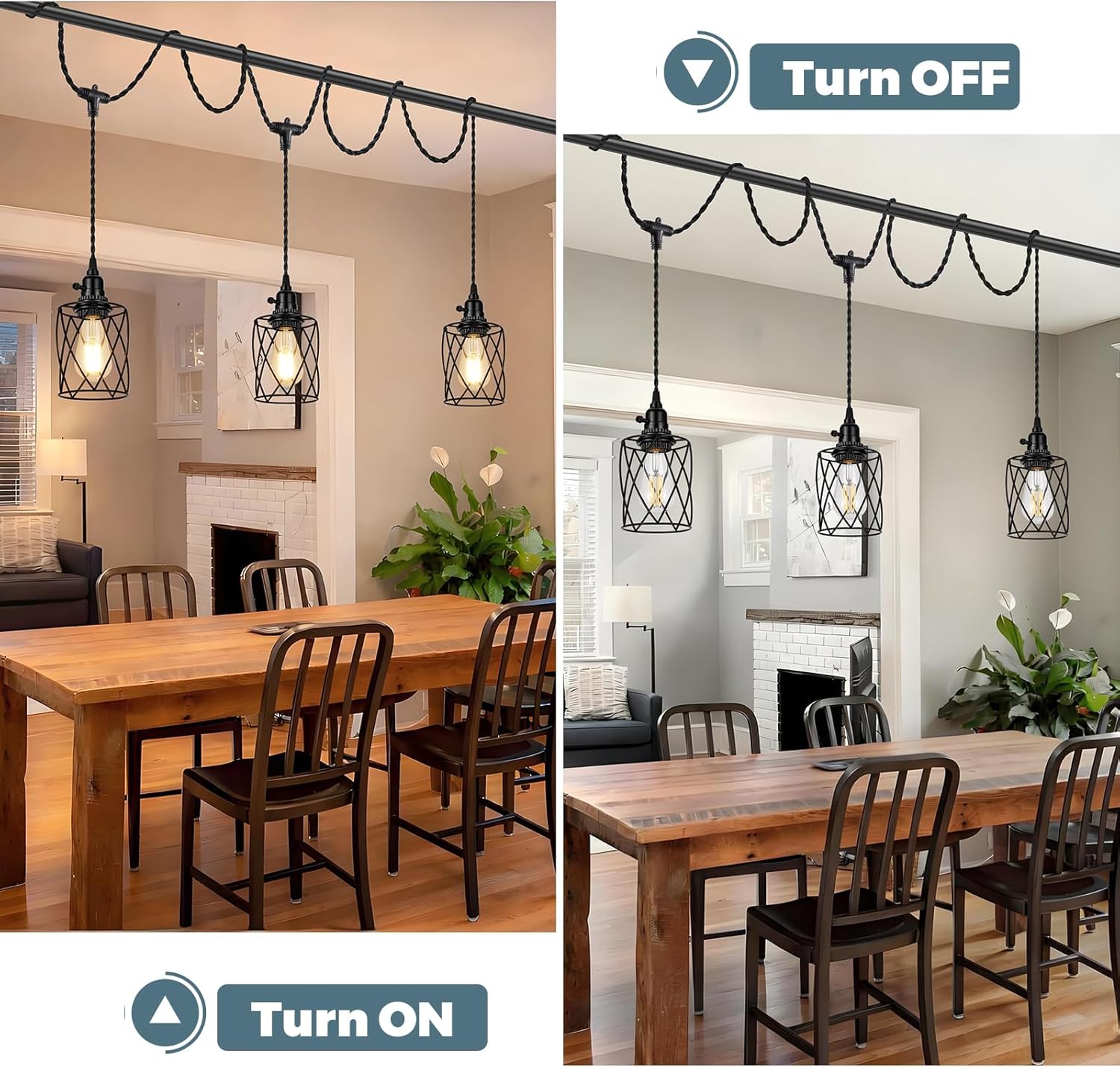 3-Light Plug in Pendant Light, 19FT Hanging Lights with Plug in Cord and On/Off Switch, Industrial Twisted Black Rope Hanging Pendant Fixtures with Metal Shade for Dining Room Kitchen Bedroom