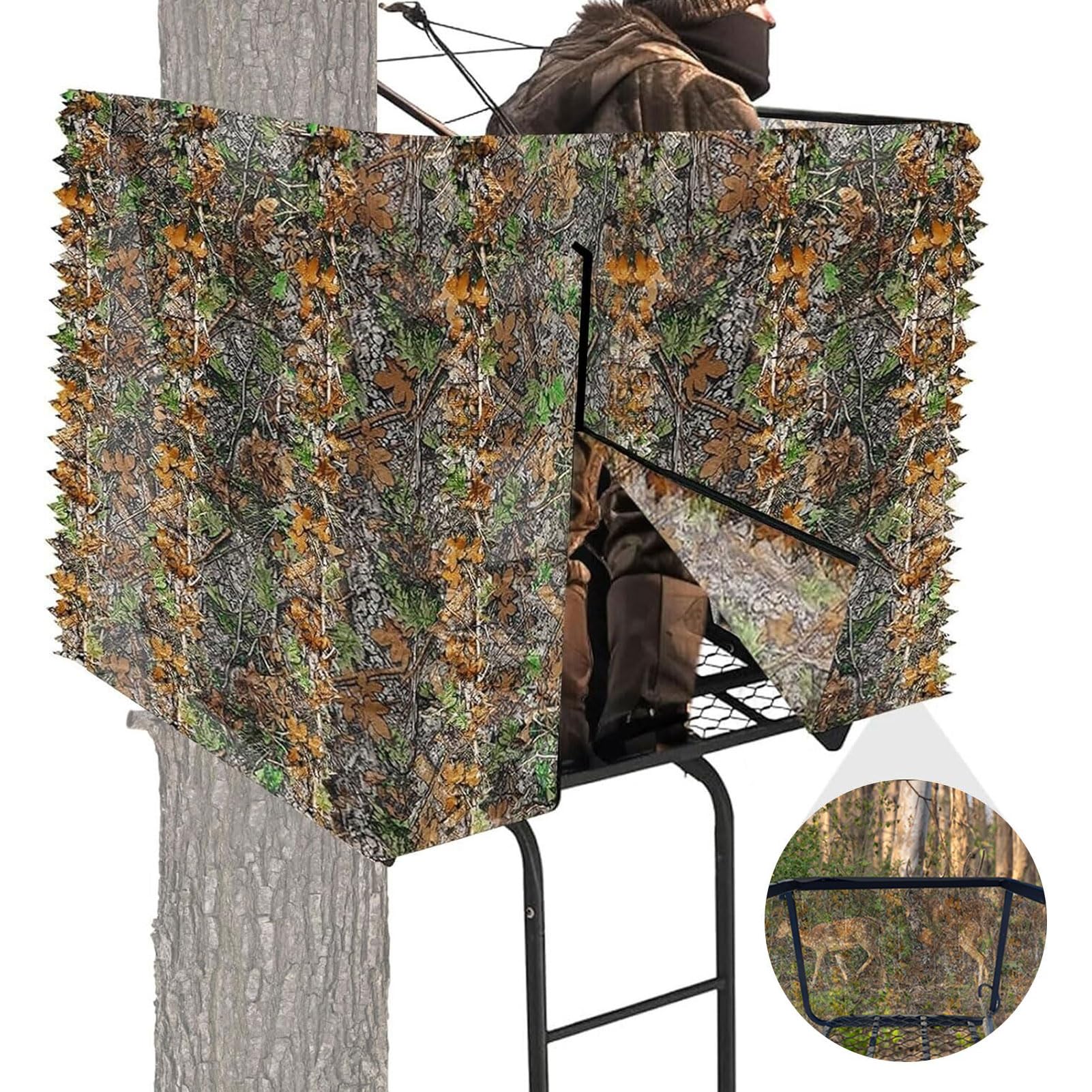 Tryitsbest Deer Hunting Tree Stand Blind Kit, 3D Camo Mesh Blind with Zipper Closure for 2 Man Tree Stand, Lightweight Treestand Blind Cover for Hunting