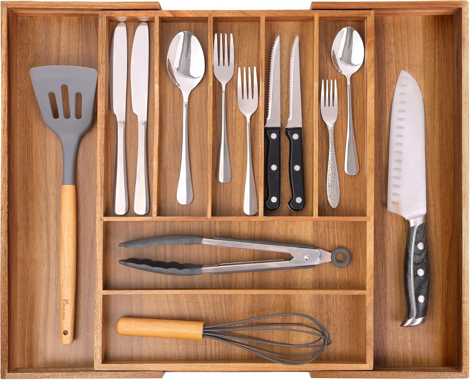 Bellsal Large Premium Acacia Wood Silverware Organizer - Expandable Utensil Drawer Organizer - 17"x19.6" Utensil Holder and Cutlery Tray with Grooved for Kitchen Flatware Utensils(7-9 Slot, Acacia)