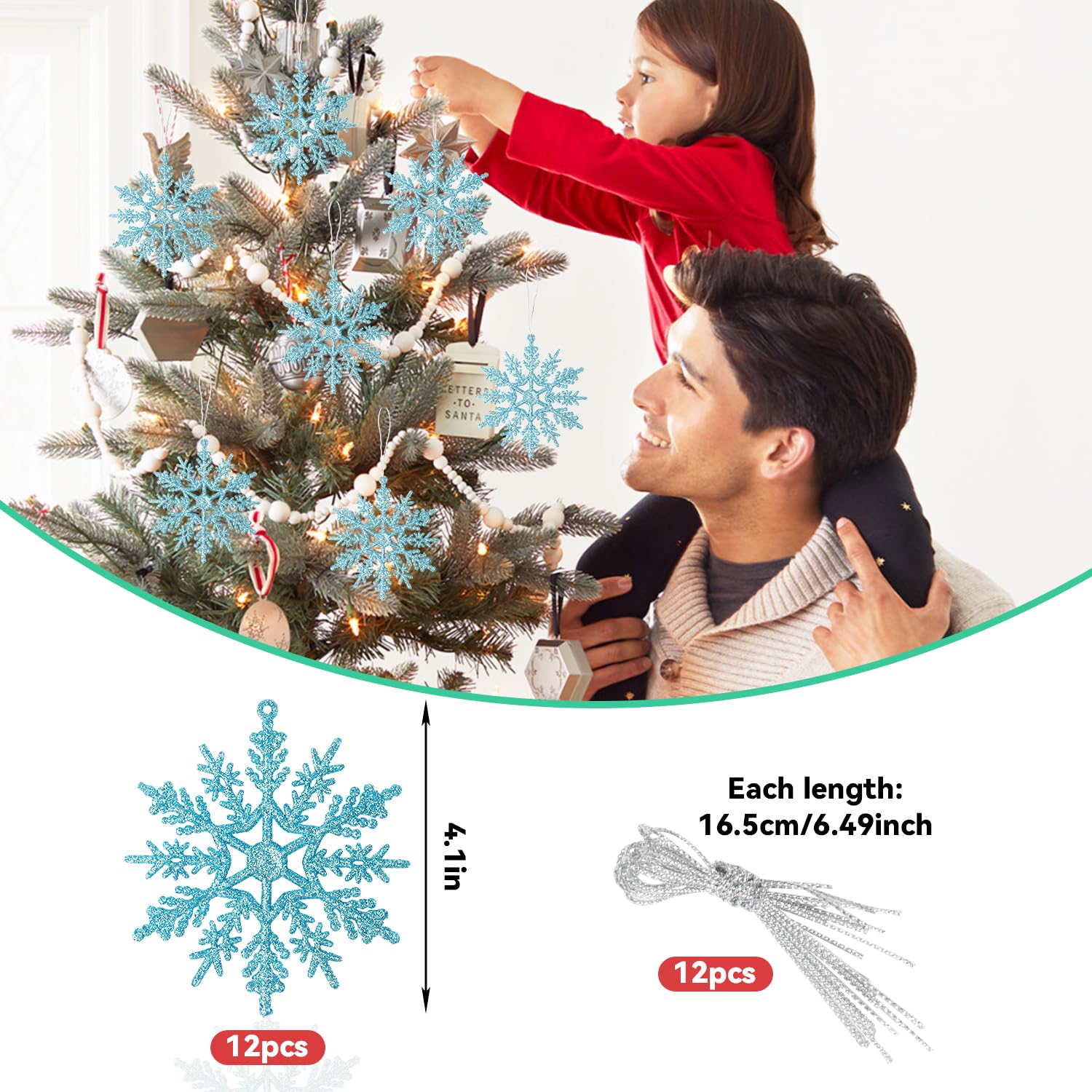 VEYLIN Christmas Hanging Decorations - 12PCS Glitter Snowflake Ornaments for Trees (Blue) - Image 3