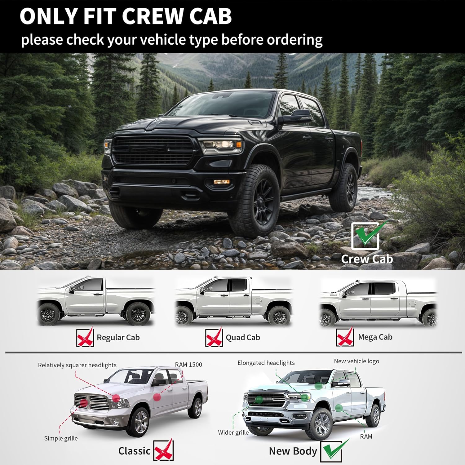 YITAMOTOR Running Boards Compatible with 2019-2025 Dodge Ram 1500 New Body Crew Cab (Not fit 1500 Classic), Side Steps Nerf Bar Rails, Black