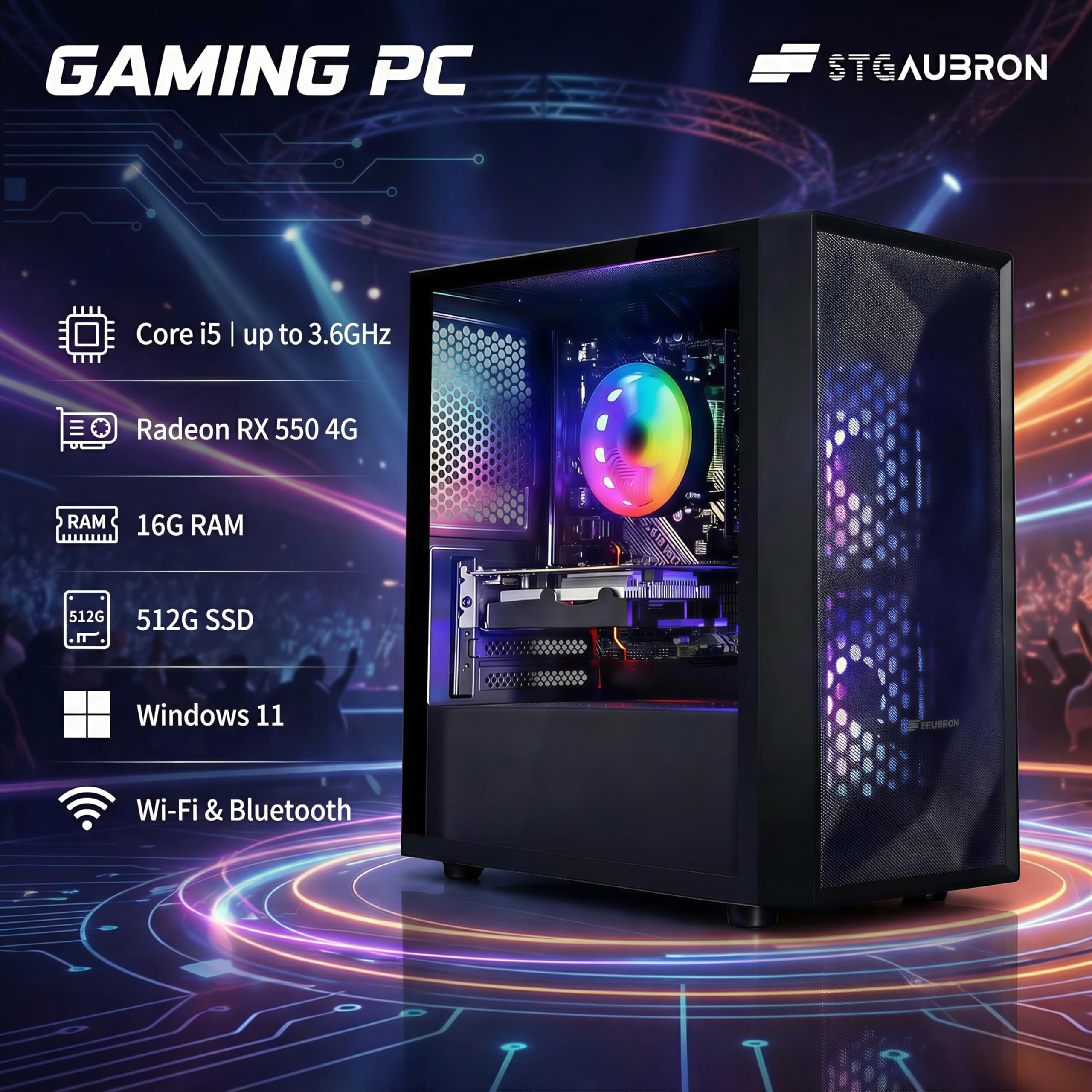 STGAubron Gaming PC Computer Desktop, Intel Core i5 up to 3.6G, Radeon RX 550, 16G RAM, 512G SSD, WiFi 6, BT 5.0, RGB Fan x2, Windows 11 Home