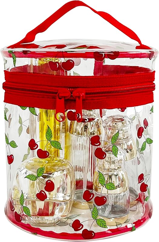 Necessaire de maquiagem cilíndrica transparente com estampa de cerejas TotePrint, 18,03 x 16 x 16 cm, com alça e zíper (D2064-16)