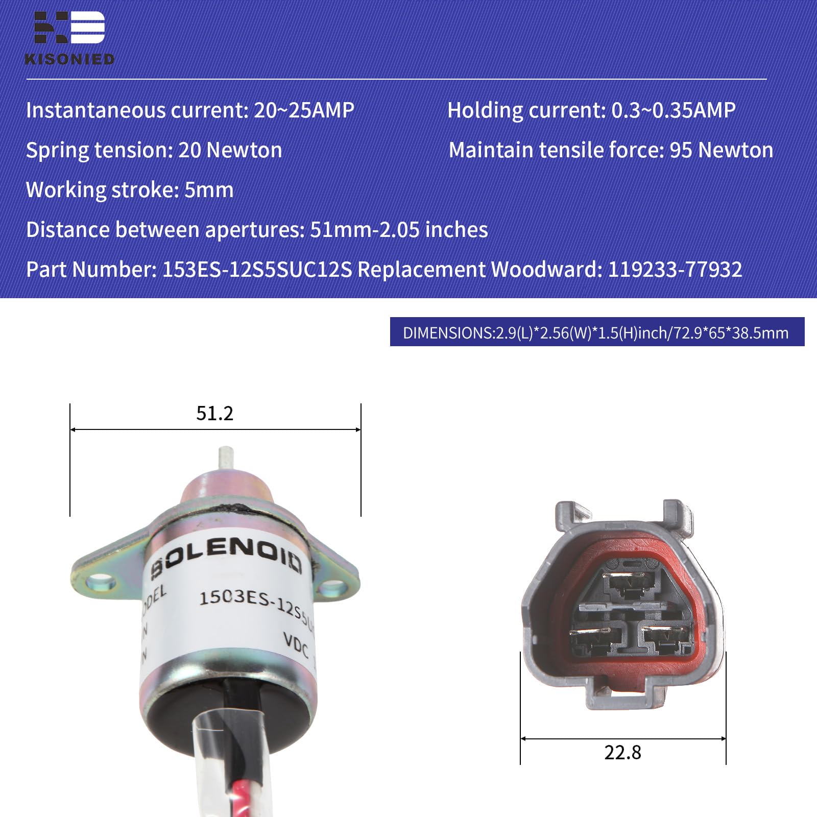 Solénoïde d'arrêt de carburant 119233-77932 Yanmar 1503ES-12S5SUC12S remplace Woodward M810324 pour John Deere 3038E 3036E 3032E 2025R 2032R 2027R 2036R Solénoïde d'arrêt de tracteur 12 VDC