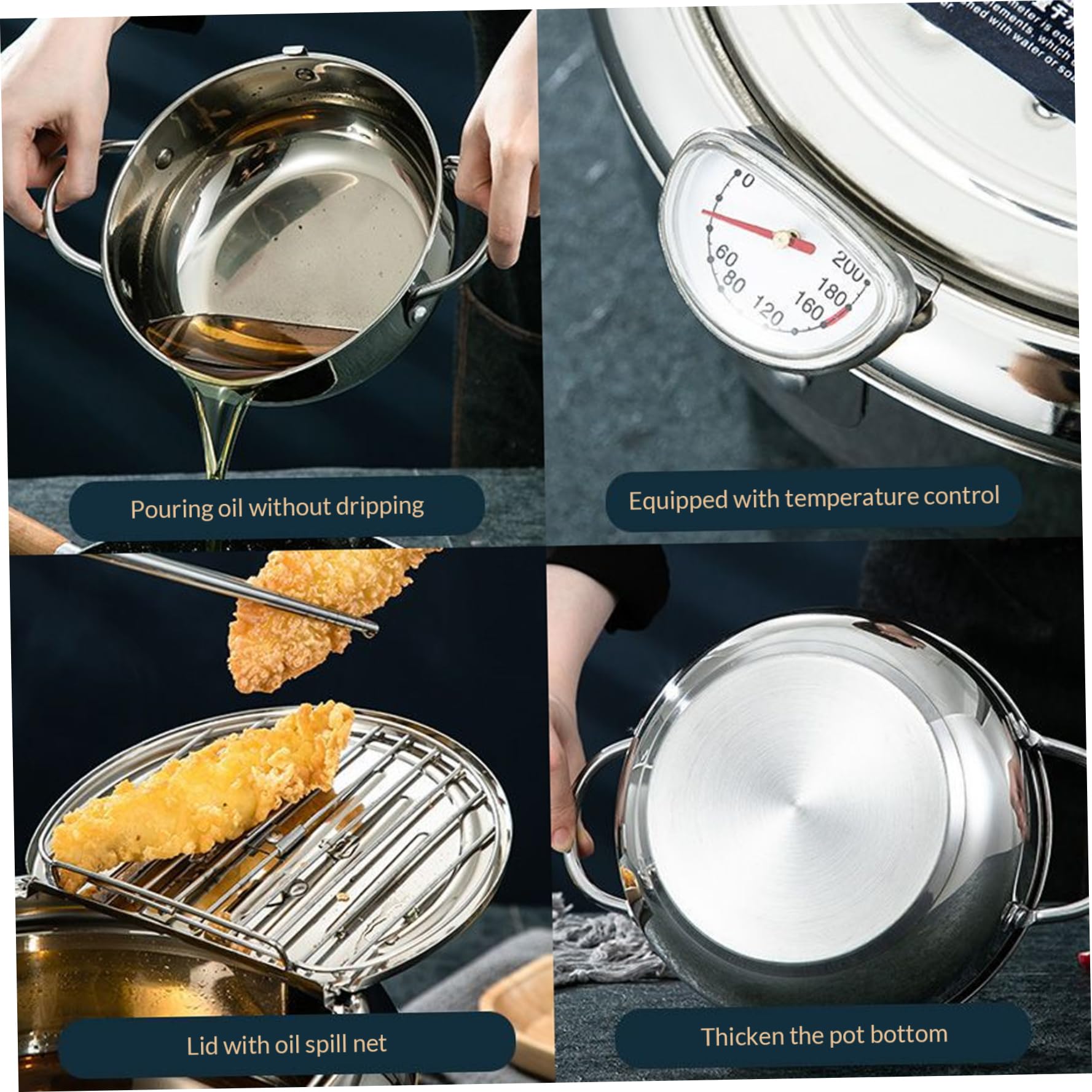 Olla freidora Olla para freír tempura japonesa de acero inoxidable de 3, 2 L con escurridor de temperatura y goteo de aceite Rejilla para freír pequeña de 9, 4 pulgadas con asas para cocina Pescad