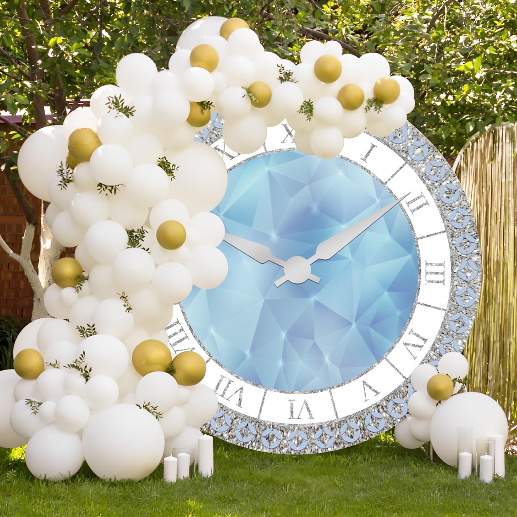 Renaiss Toile de fond ronde en tissu pour photographie d'anniversaire, fête du Nouvel An, 2 x 2 m, bleu argenté