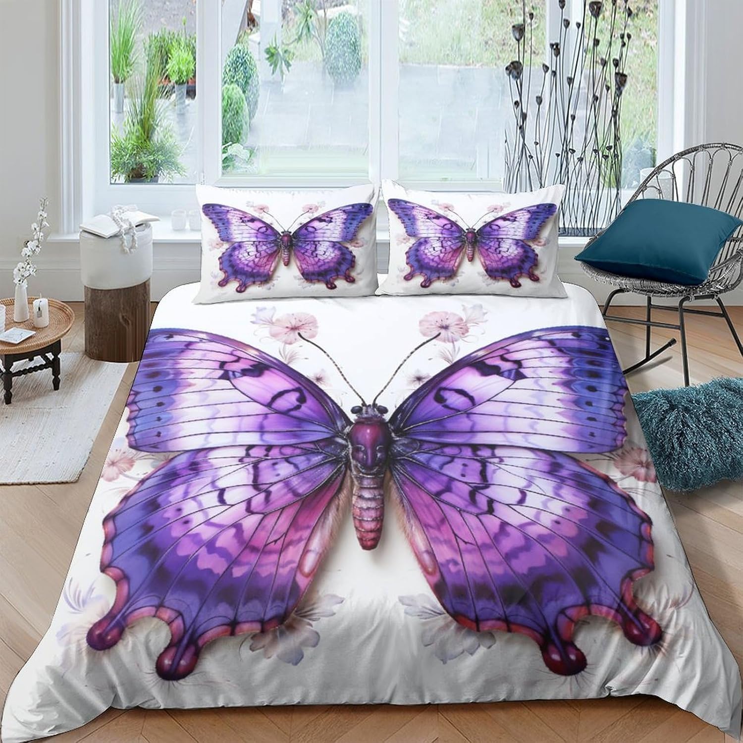 Parure de lit papillon 260x230 cm avec housse de couette et taies d'oreiller en microfibre
