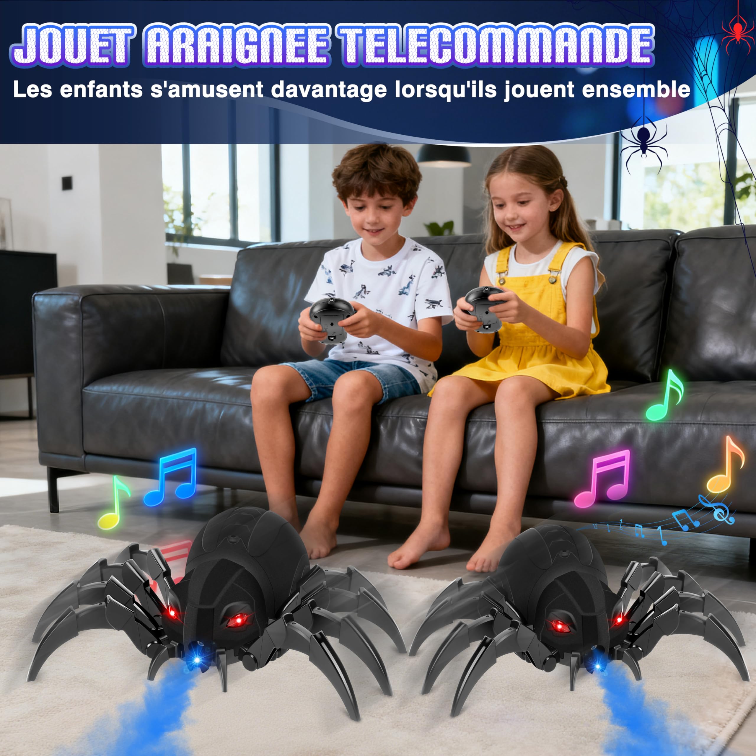 MOMOSTAR 2.4GHZ Araignée Télécommandée Jouet Enfant 6-12 Ans Garcon Fille, Fonction Spray, Yeux Lumineux Et Plusieurs Modes Musicaux Anniversaire Cadeau Enfant 6-12 Ans Garcon Fille Jeux