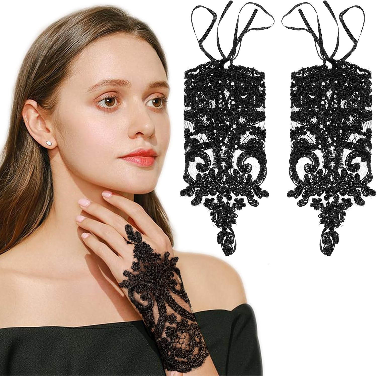 Lace Fingerless Gloves Black Short Lace Embroidered for Women Wedding Bride Party Cosplay Prom Masquerade Halloween