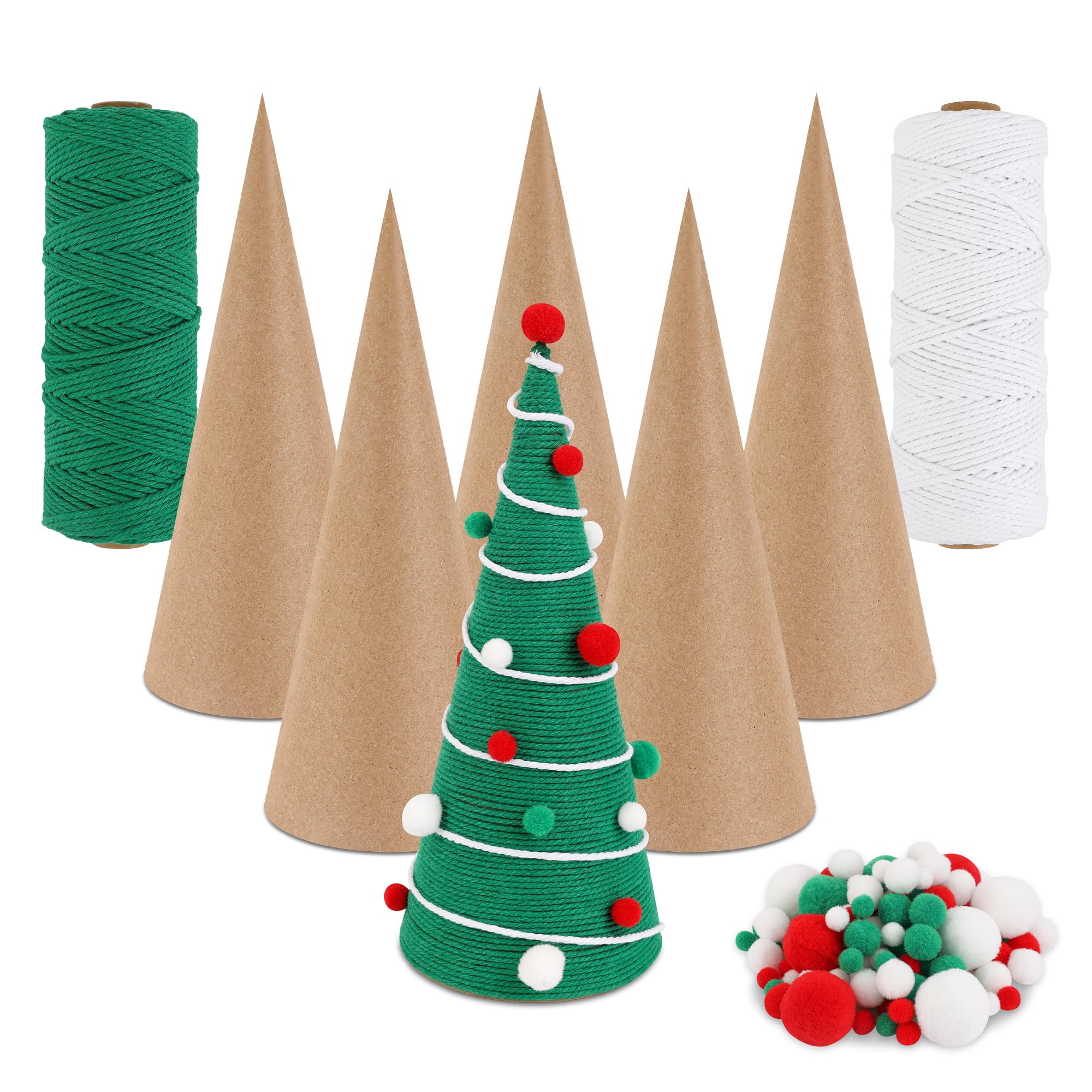 Windspeed 6Pcs 25x10.5cm Paper Mache Cones for Christmas Paper Mache Cones Open Bottom for Christmas Tree DIY Halloween Decor with 2 Rolls of 2mm Thick Hemp Rope, A Pack of Plush Balls