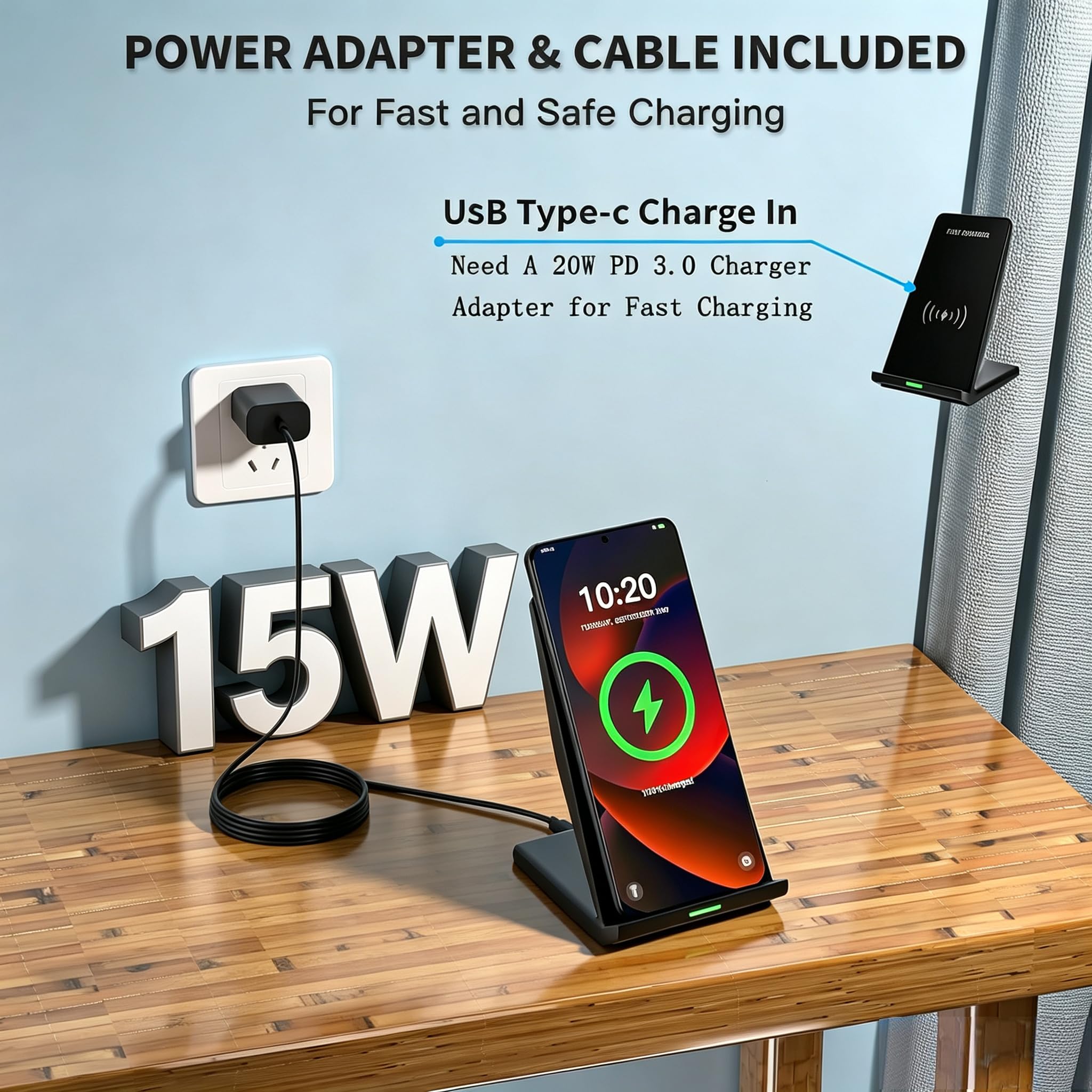 Rvelon Chargeur sans fil rapide, support de charge sans fil pour ordinateur avec adaptateur USB PD 20 W pour Samsung Galaxy S25/S24/S23/S22/S21/Note 20, Pixel 8/7 Pro, pour iPhone 17 Pro Max/17