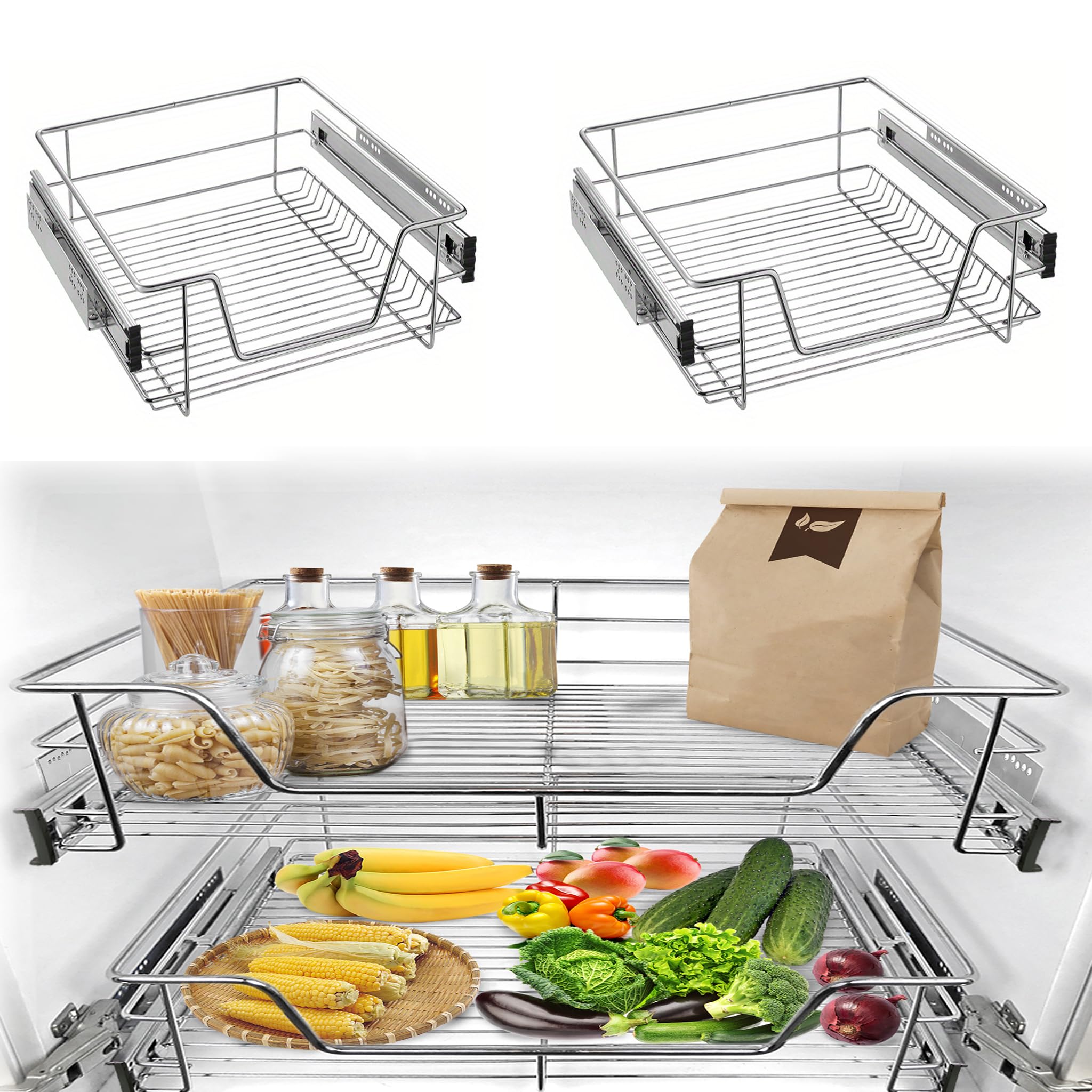 YEATHOR 2 PCS Pull Out Telescopic Drawer, Kitchen Organisers, Suitable for 50cm Wide Cabinet 47cm Internal Cabinet Dimensions, Slide Out Storage Drawers for Kitchen, Bedroom