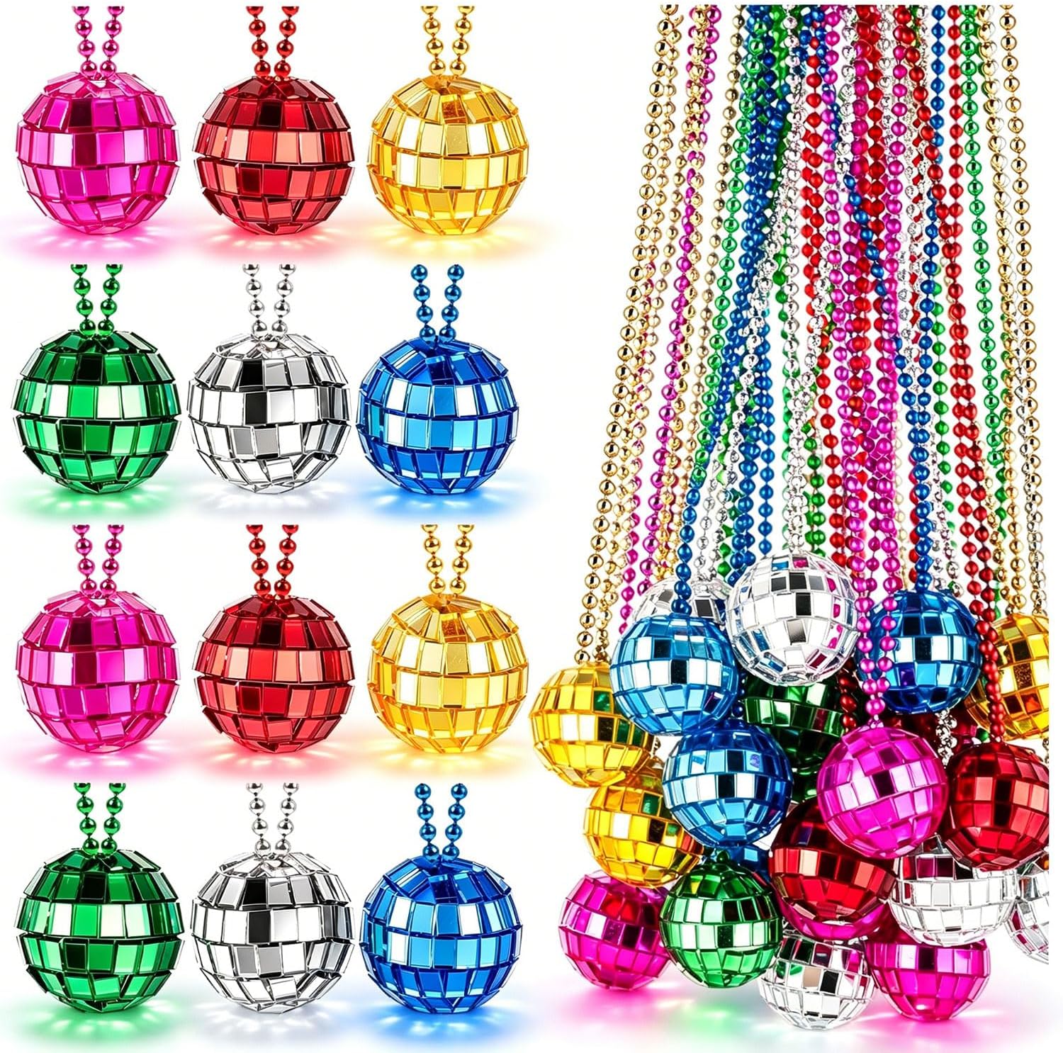 25Pcs Disco Ball Necklaces, Mini Silver Mirror Disco Necklaces Bulk for 70s Party Favors Decorations