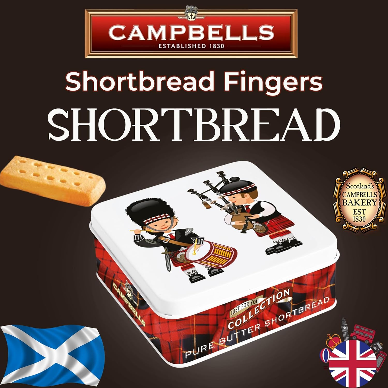 Campbells Shortbread Fingers Pipers Tin 3.2 Oz (Pack of 3) - Pure Butter Scottish Shortbread Cookies from Scotland, Crumbly Butter Fingers, British Tea Biscuits & Snacks, Scottish Treats in Gift Tin