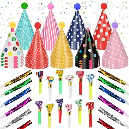 116 PCS Birthday Party Cone Hats Assorted Colors Cone Paper Hat with Colorful Blowers and Metallic Fringed Noise Makers Blowouts for Kids Adults Birthday Baby Shower Party Supplies