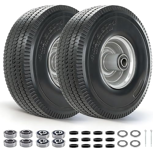 (2 Pack) 4.10/3.50-4 Tire, 10” Hand Truck Wheels with 2.2” Offset Hub, 5/8” Bearings, Extra 3/4” & 1/2” Bearings, 4.10/3.50-4 Tire and Wheel Compatible with Hand Trucks, Dollies, Garden Trailer