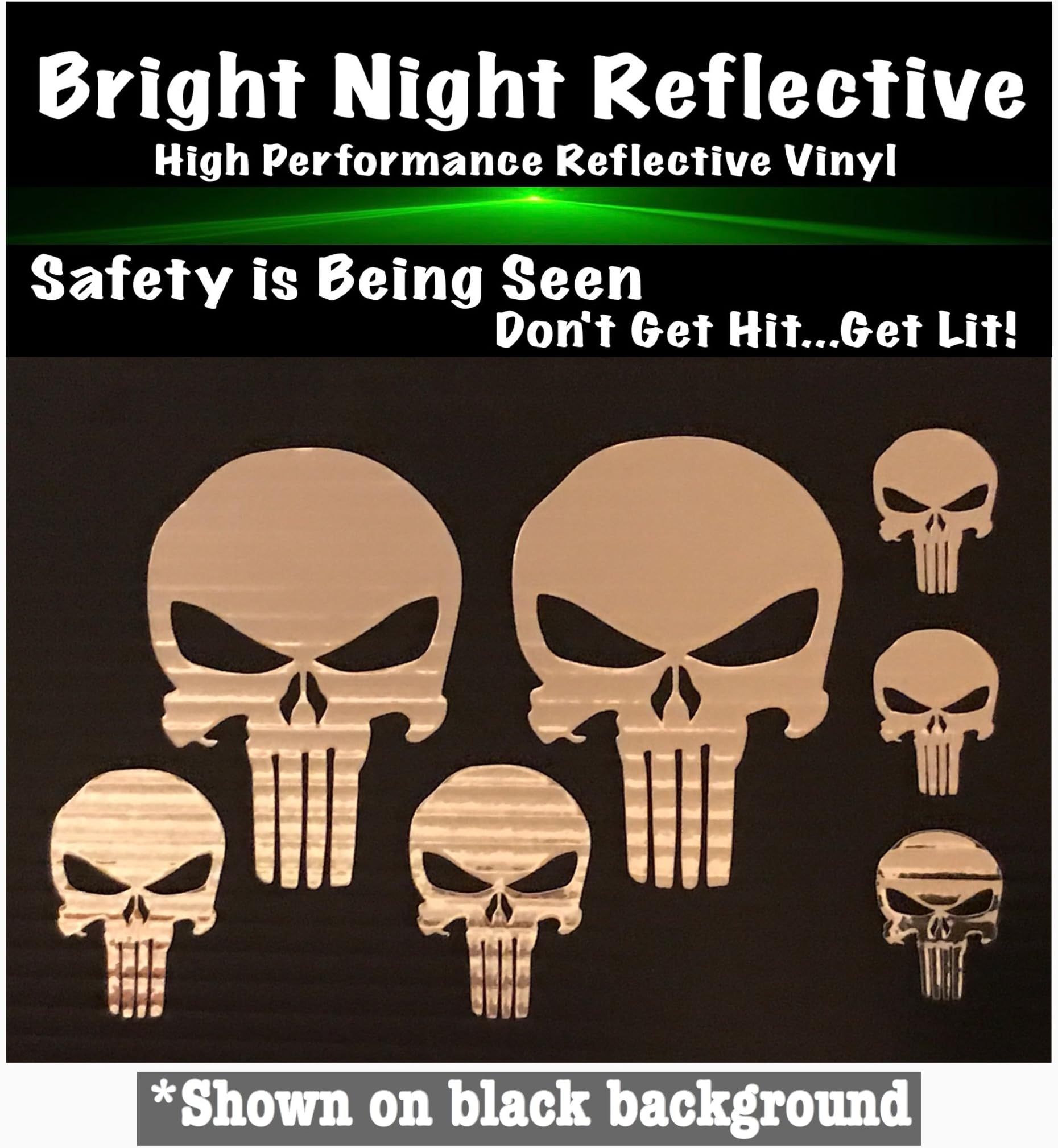 Silver Chrome Punisher skull decal (7pcs) (2)2.5"w, (2) 1.4"w, (3) .9"w, for motorcycle helmet car truck macbook yeti iphone tablet AR15 pistol handgun military window car truck (7pack 3 sizes)