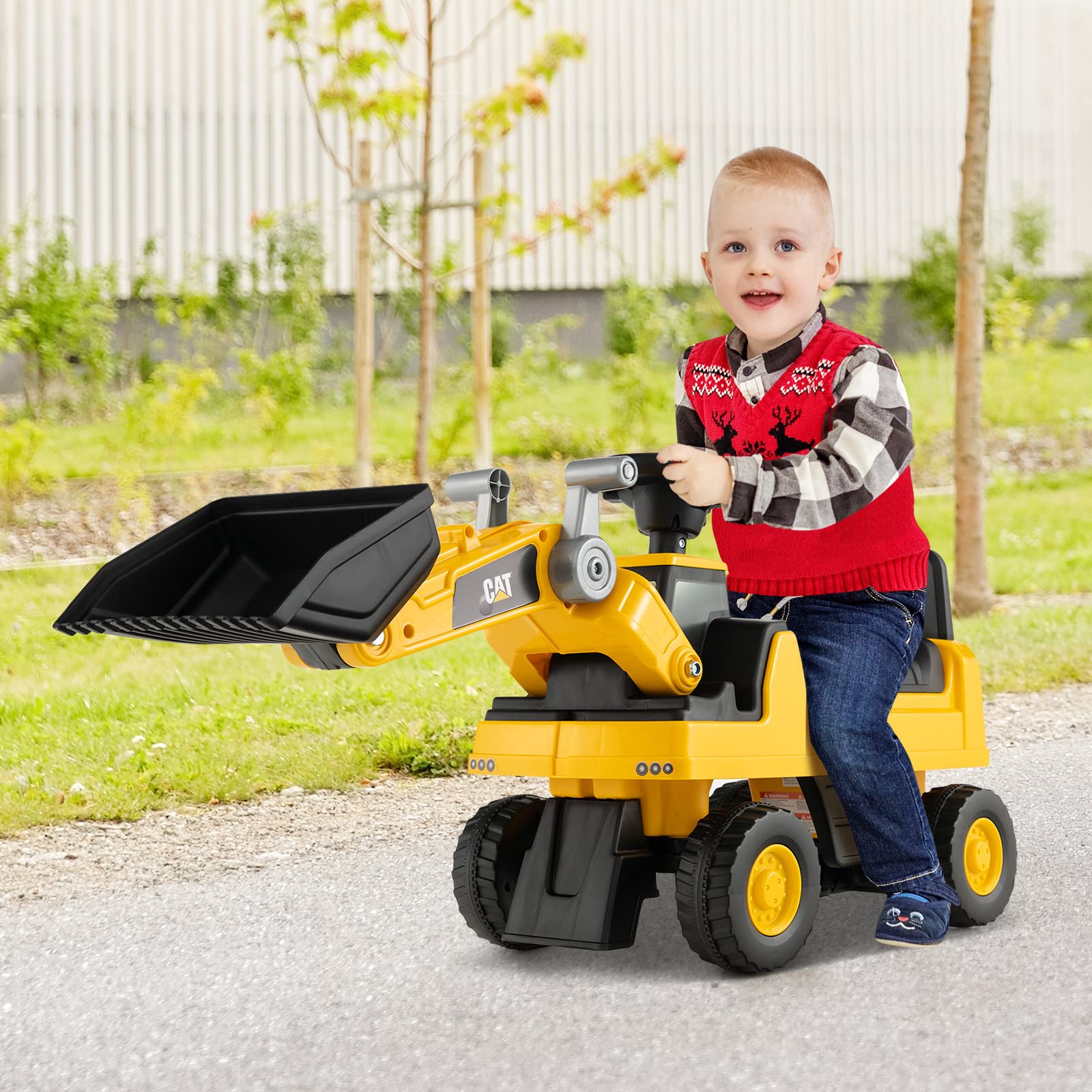 DREAMADE Sitzbagger, Bagger mit Lenkbarer Schaufel & Hupe, Rutschauto mit Stauraum unter Sitz, Aufsitzbagger mit Anti-Rutsch-Räder & Anti-Rollover-Vorrichtung für 1-3 Jahre (Bulldozer)