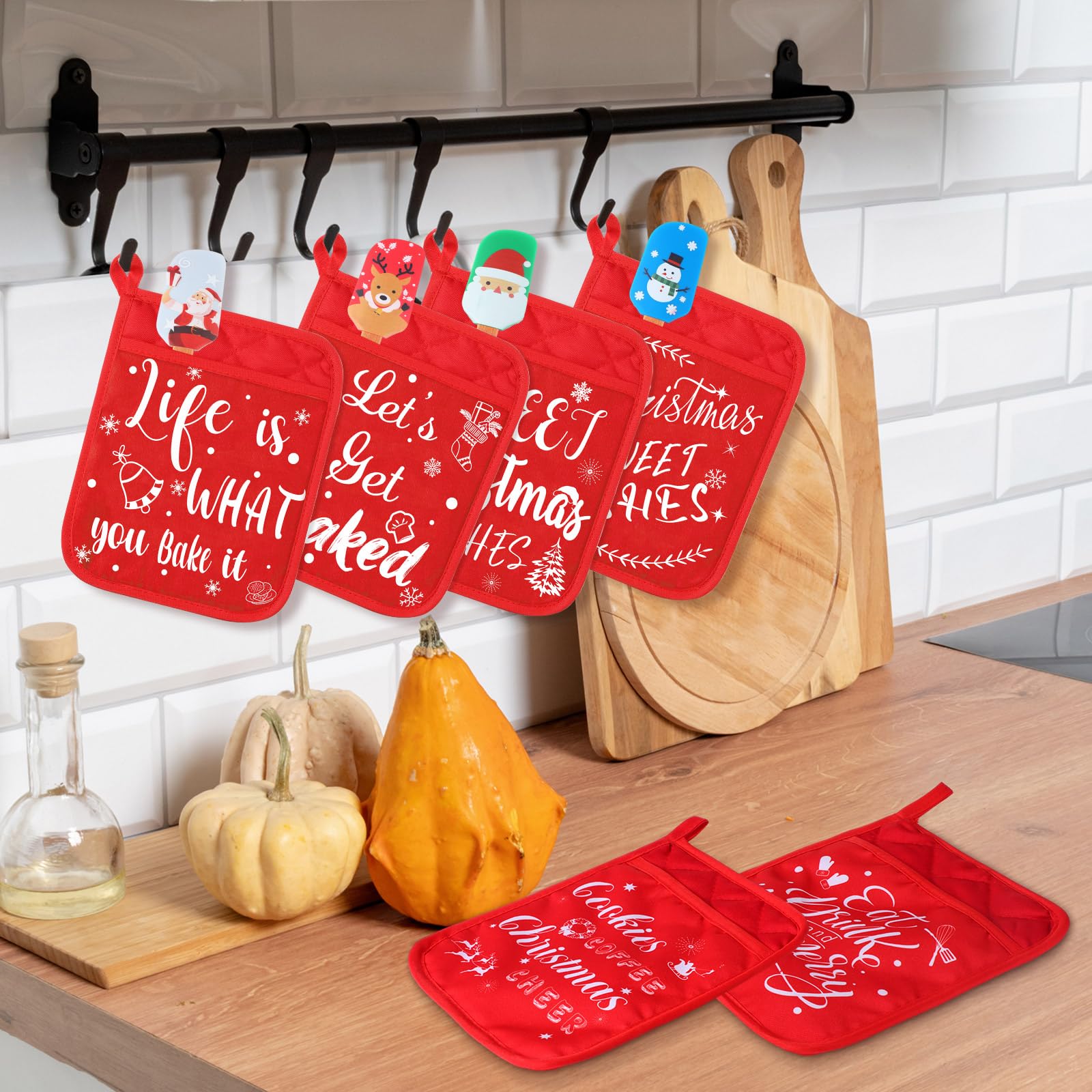 Yaomiao Weihnachtliche Topflappen mit Silikon-Spatel-Set, Silikon-Spatel-Set mit Holzgriffen, Topflappen für Küche, Weihnachten, Küchenutensilien, Weihnachtsbackgeschenke für Weihnachten (rot, 24