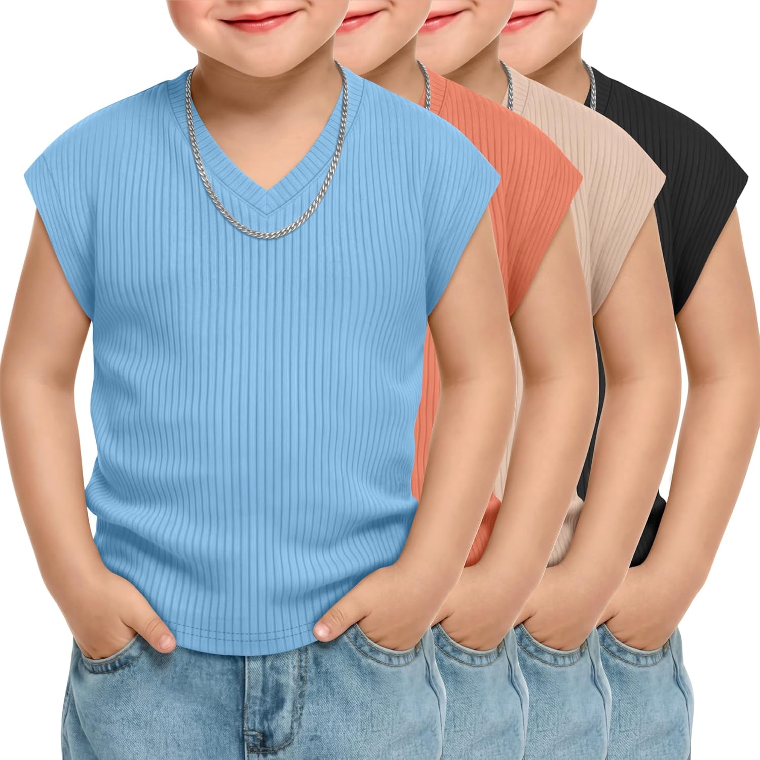 4 Pack Toddler Boys' Cap Sleeve T Shirts Ribbed V Neck Pullover Tank Tops Sleeveless Loose Fit Undershirts 18M-5T