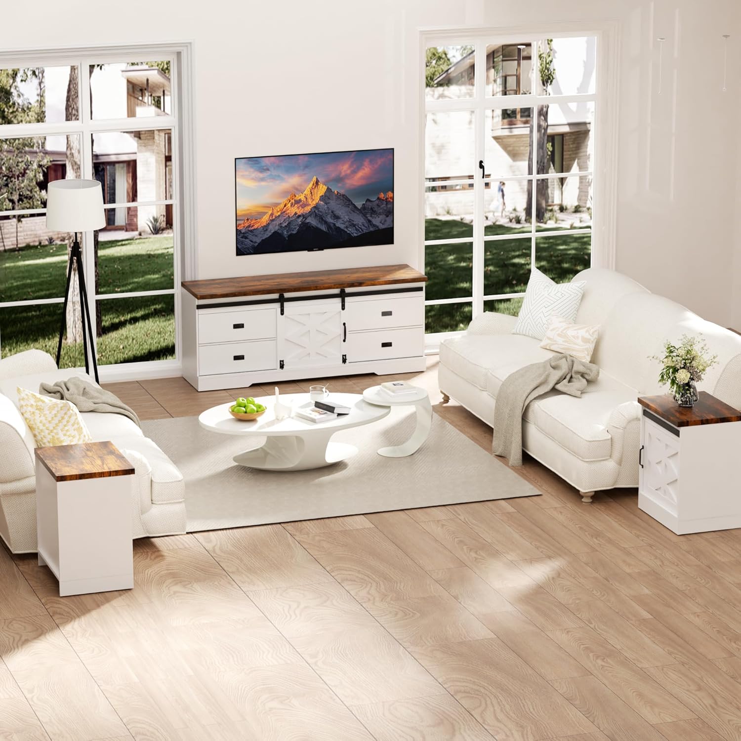 98” Farmhouse TV Stand for TVs up to 100" Large Television Media Console Table with Drawers and Storage Cabinets Modern Entertainment Center for Living Room Bedroom Rustic White