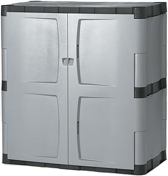 Rubbermaid Freestanding Storage Cabinet with Doors 18"D x 36"W x 37"H Medium Gray/Black Two-Shelf Lockable Cabinet for Indoor