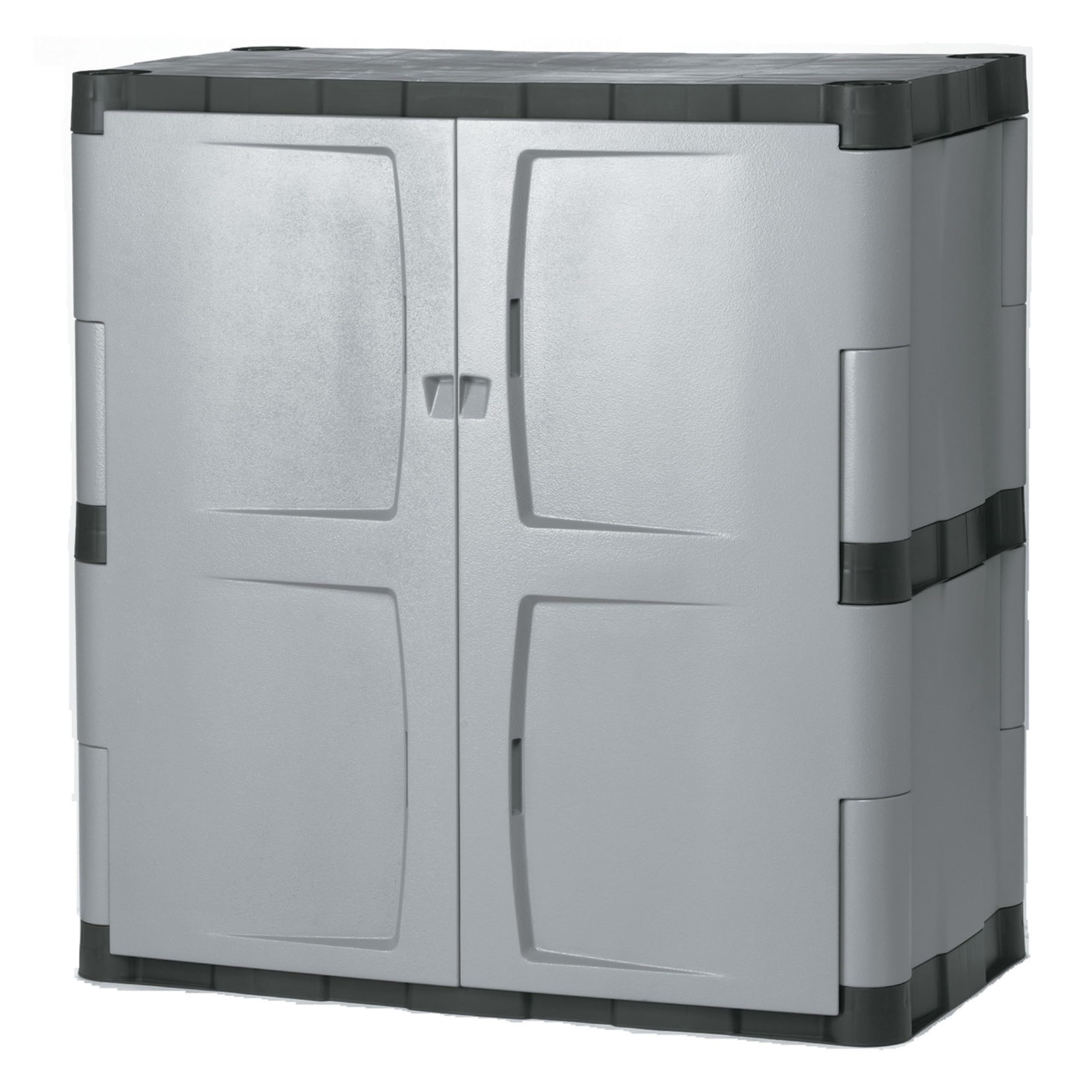 RubbermaidFreestanding Storage Cabinet with Doors, 18" D x 36" W x 37" H, Medium Gray/Black, Lockable Cabinet with Two Shelves, Indoor/Outdoor/Garage Storage for Garden Tools/Lawn Care Accessories