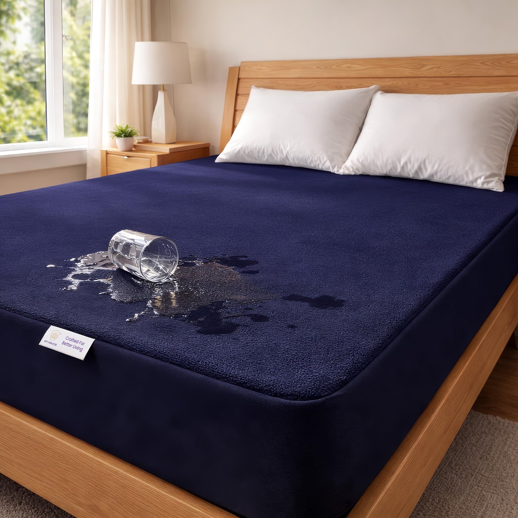 My Armor Waterproof Mattress Protector King Size, 78x72, 6.5x6 feet, Double Bedsheet Cover, Breathable & Allergen Free Ultra Soft Fitted Terry Cotton Feel Cover, Elastic Skirting, Navy Blue