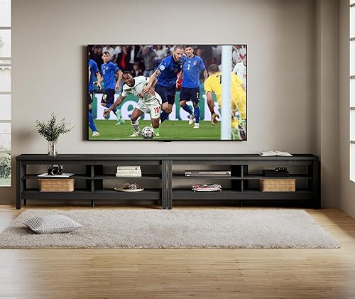 Miniatura 6 de WAMPAT Soporte de TV LED para TV de 100 pulgadas, centro de entretenimiento negro para mesa consola de TV de 80, 85, 90 pulgadas, con almacenamiento