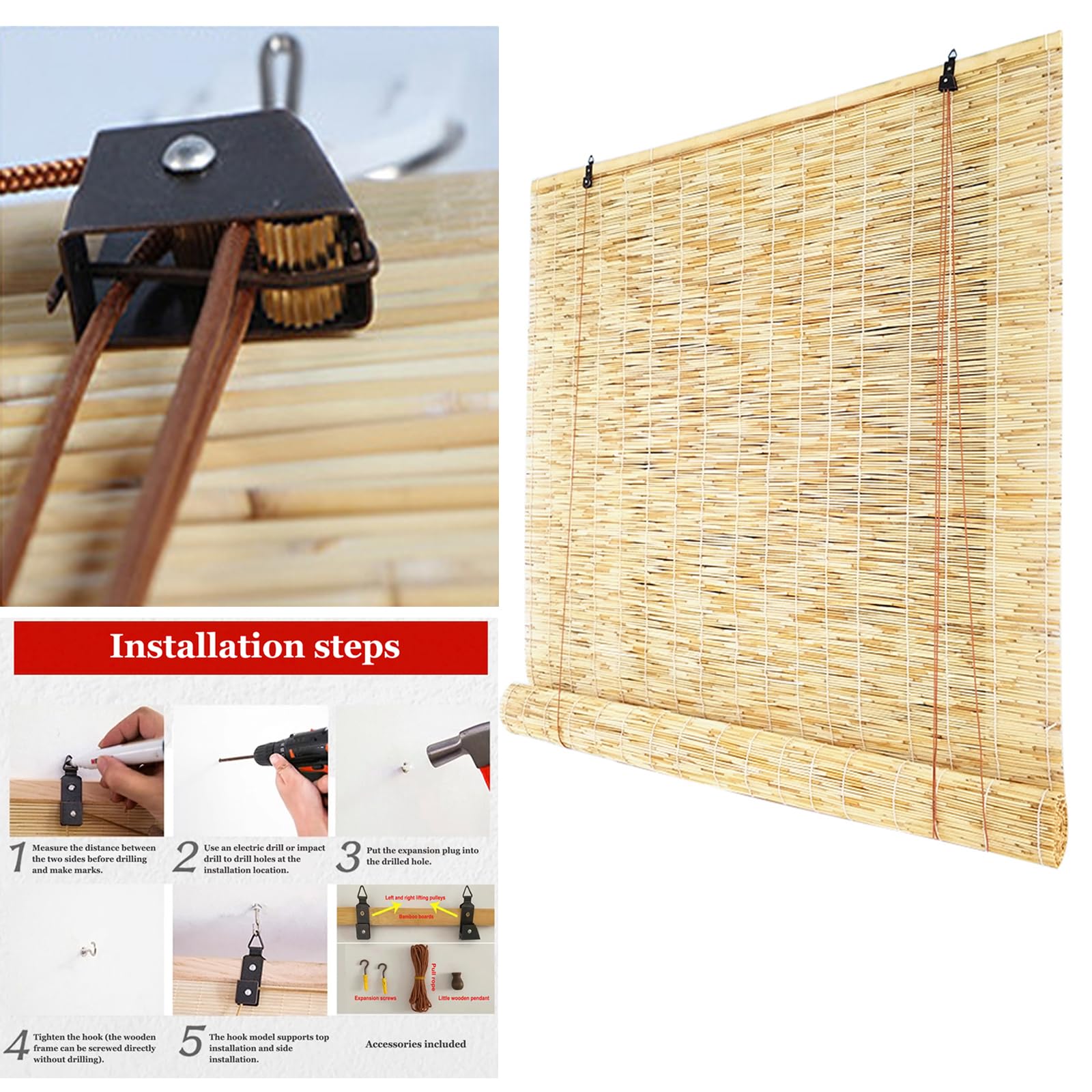Stores enrouleurs en bambou naturel faits à la main - Stores vénitiens d'intérieur et d'extérieur respirants avec accessoires (135 x 320 cm) - Revêtement de fenêtre respectueux de l'environnement