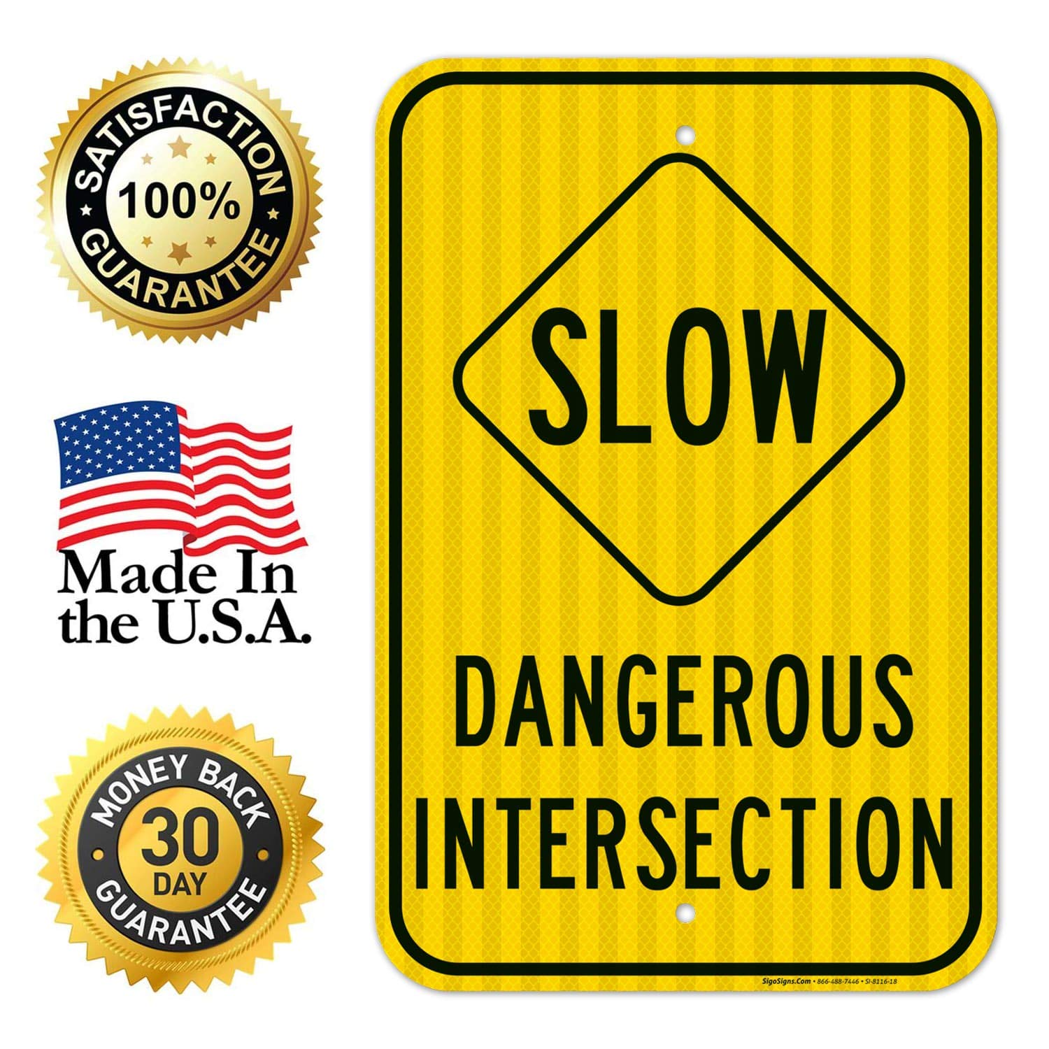 Dangerous Intersection with Slow Symbol Sign, 12x18 Inches, 3M EGP Reflective .063 Aluminum, Fade Resistant, Easy Mounting, Indoor/Outdoor Use