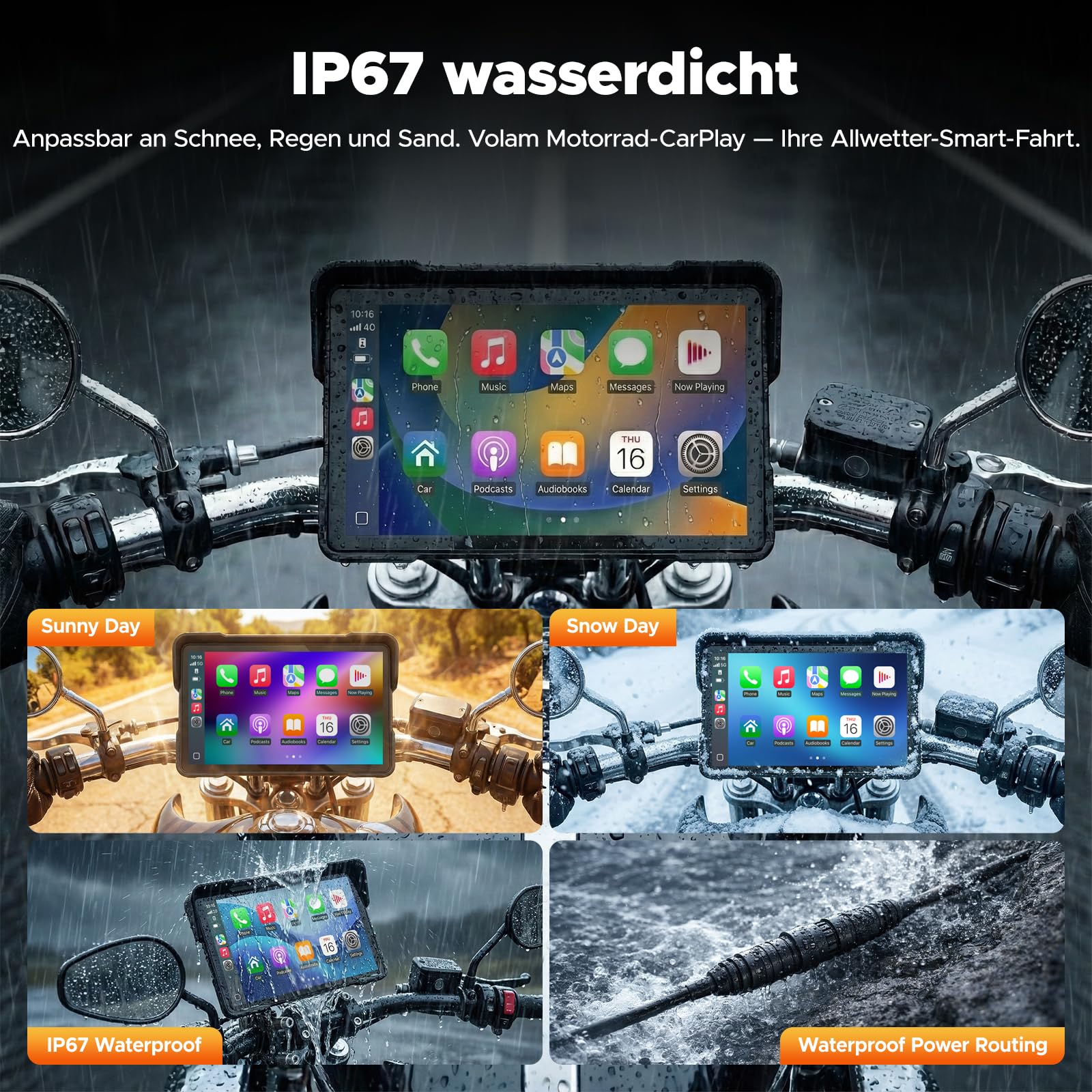 Volam Schermo Carplay per Moto con Senza Fili CarPlay & Android Auto, 7 Pollici Touchscreen Autoradio Portatile per Motocicletta con Navigazione, Doppio Bluetooth