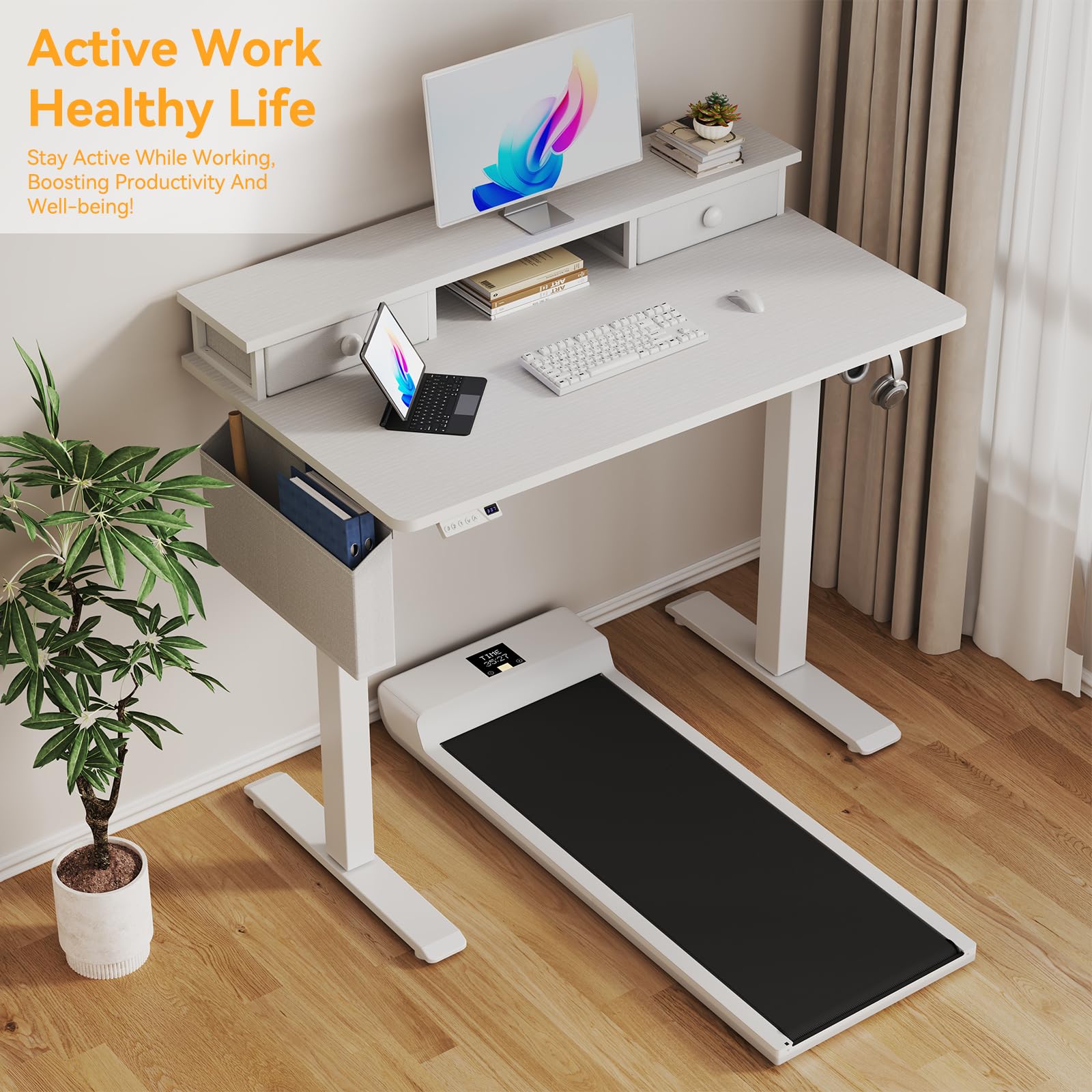 White Electric Standing Desk with Drawers - 40 Inch Small Standing Desk with Shelf Monitor Stand Storage Height — view 5