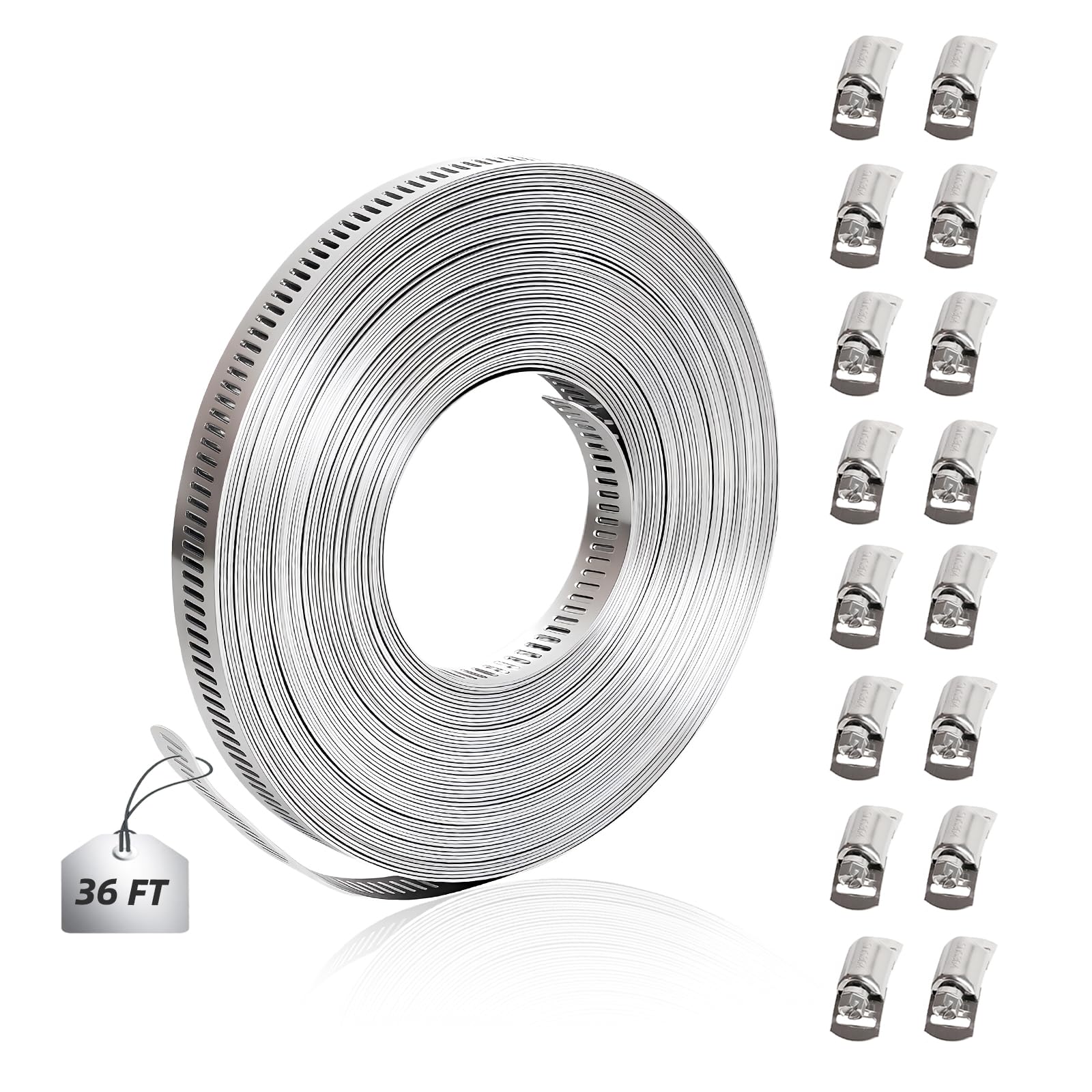 36 FT Hose Clamp Assortment Kit, 304 Stainless Steel Large Band Hose Clamp Metal Strap + 16 Stronger Fasteners, Adjustable Worm Gear Hose Clamps Screw Clamps