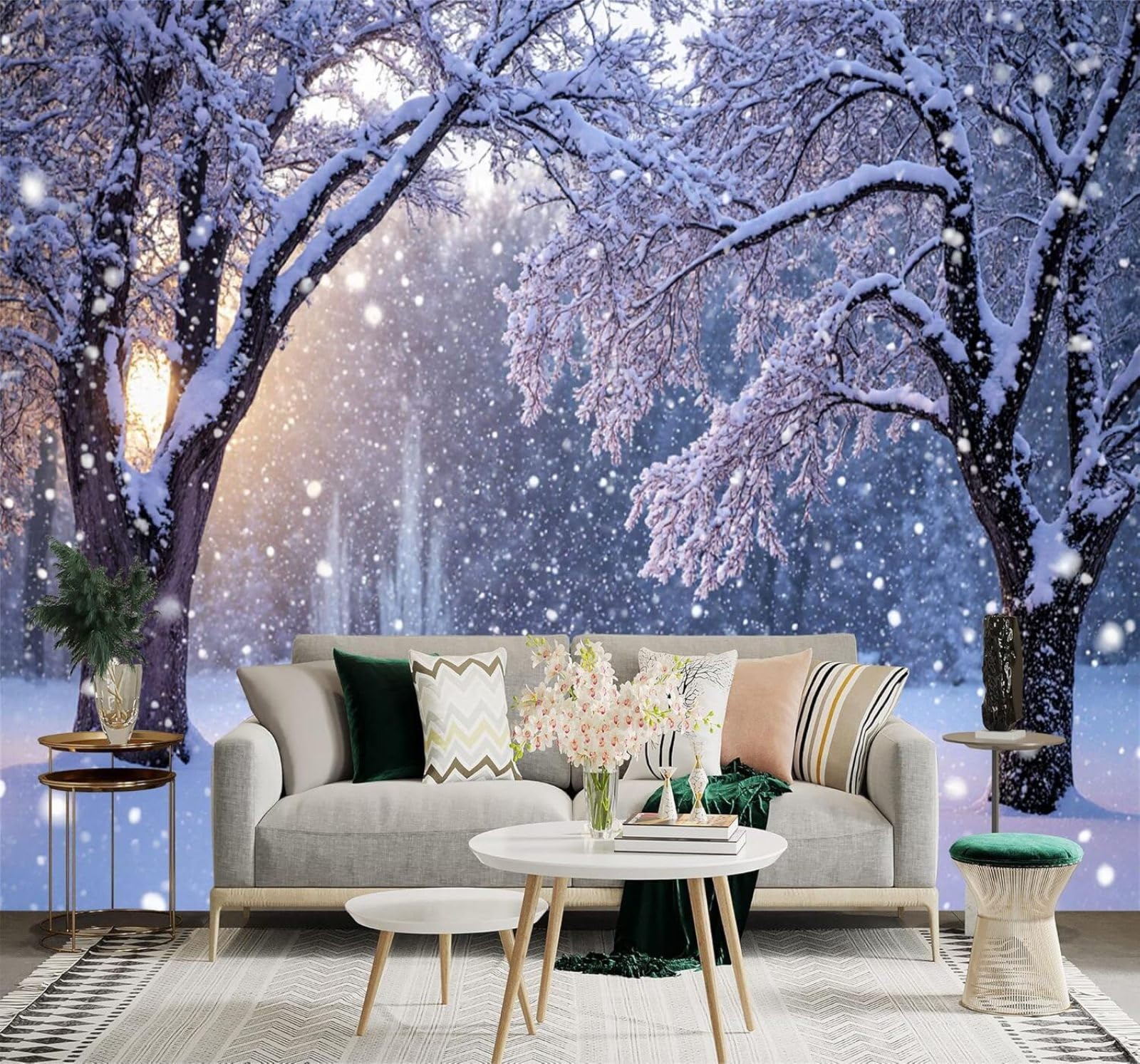 XLMING Winter Forest Snowy Landscape Sturdy Trees Sunset 3D Wallpaper Premium Textured Silk Study Dining Living Room Bedroom Sofa TV Wall Easy Install-400cm×280cm