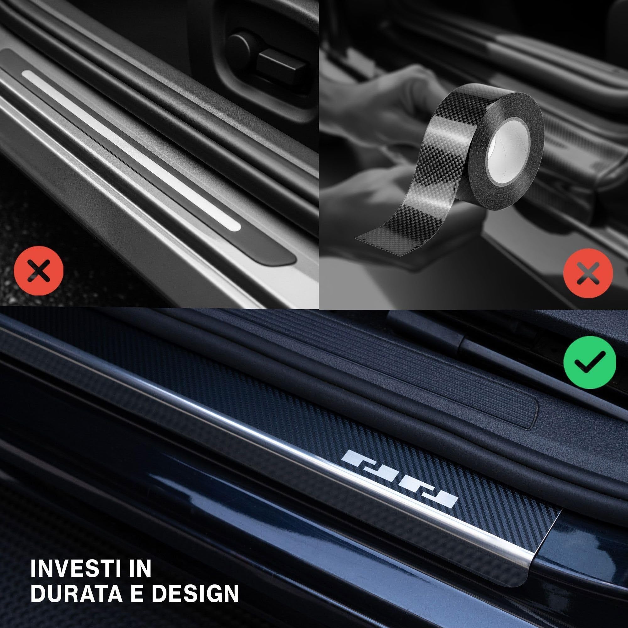 CHROMEMASTER | Battitacco in Acciaio Inox Compatibile con Jaecoo Jaecoo 7 I 2023+ | Inox, Pellicola Vinilica Effetto Carbonio | Protezione Soglia Porta - Accessorio Auto Adesivo - Set da 4 pz pezzi