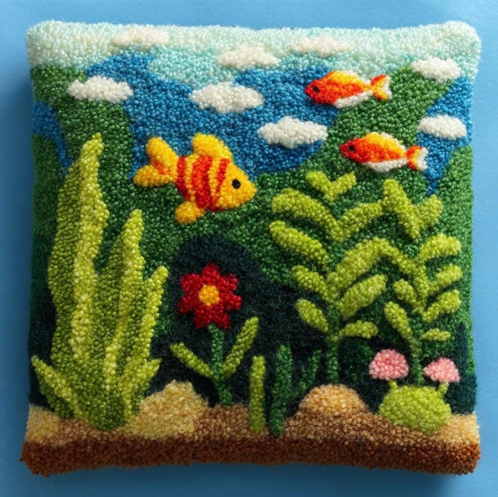 AxiangziK Latch Hook Pillow Cover Kit,Goldfish in the Water Plants 43x43cm DIY Cushion Kit for Adults Beginners,Living Room Sofa Decoration,with Pattern and Yarn