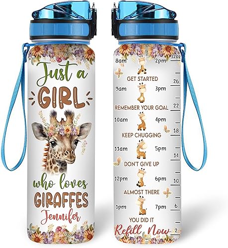 Hyturtle Botella de agua motivacional personalizada de 32 onzas con marcador de tiempo, con marcador de tiempo, Just A Girl Who Loves Giraffes,