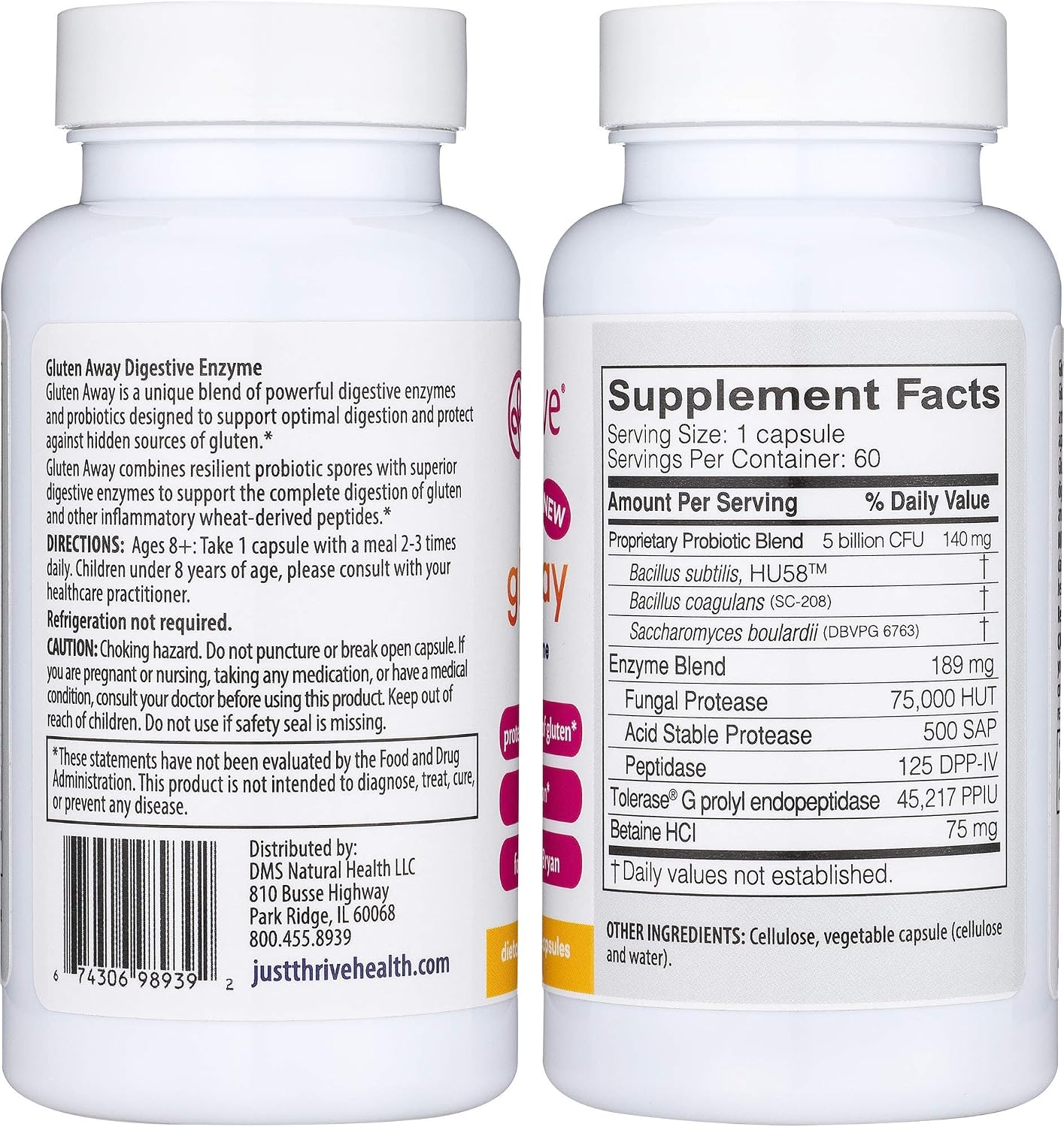 Just Thrive: Gluten Away - Vegan Digestive Support for Trace Gluten in Food - 60 Capsules - Unique Digestive Enzyme and Probiotic Blend - Supports Intestinal Barrier Function - Paleo and Keto