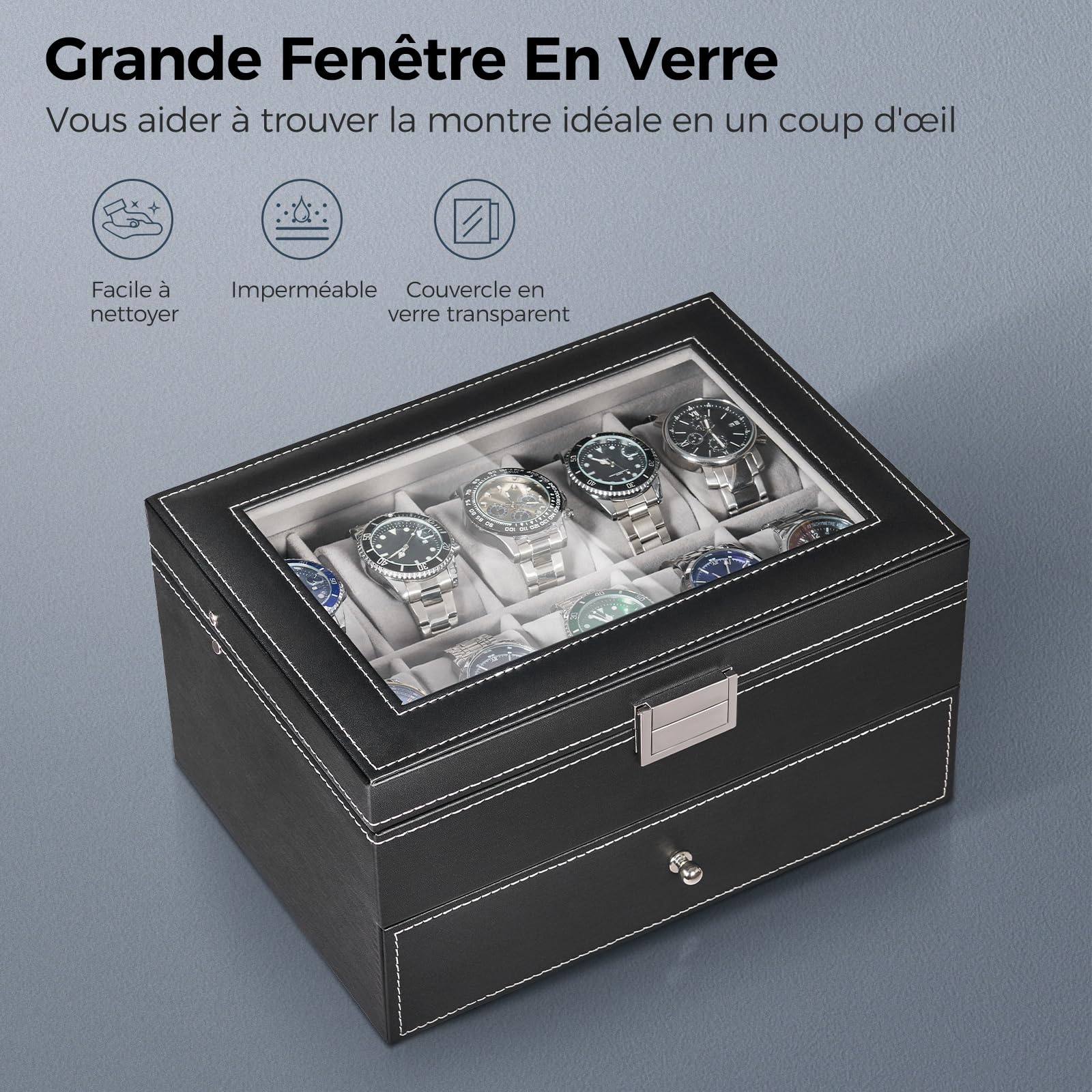 BEWISHOME Boîte de Montre 20 Compartiments, Boite Rangement Montre Homme, Charnière en Métal Noir Cuir PU Verre Haut Grand Support SSH04B