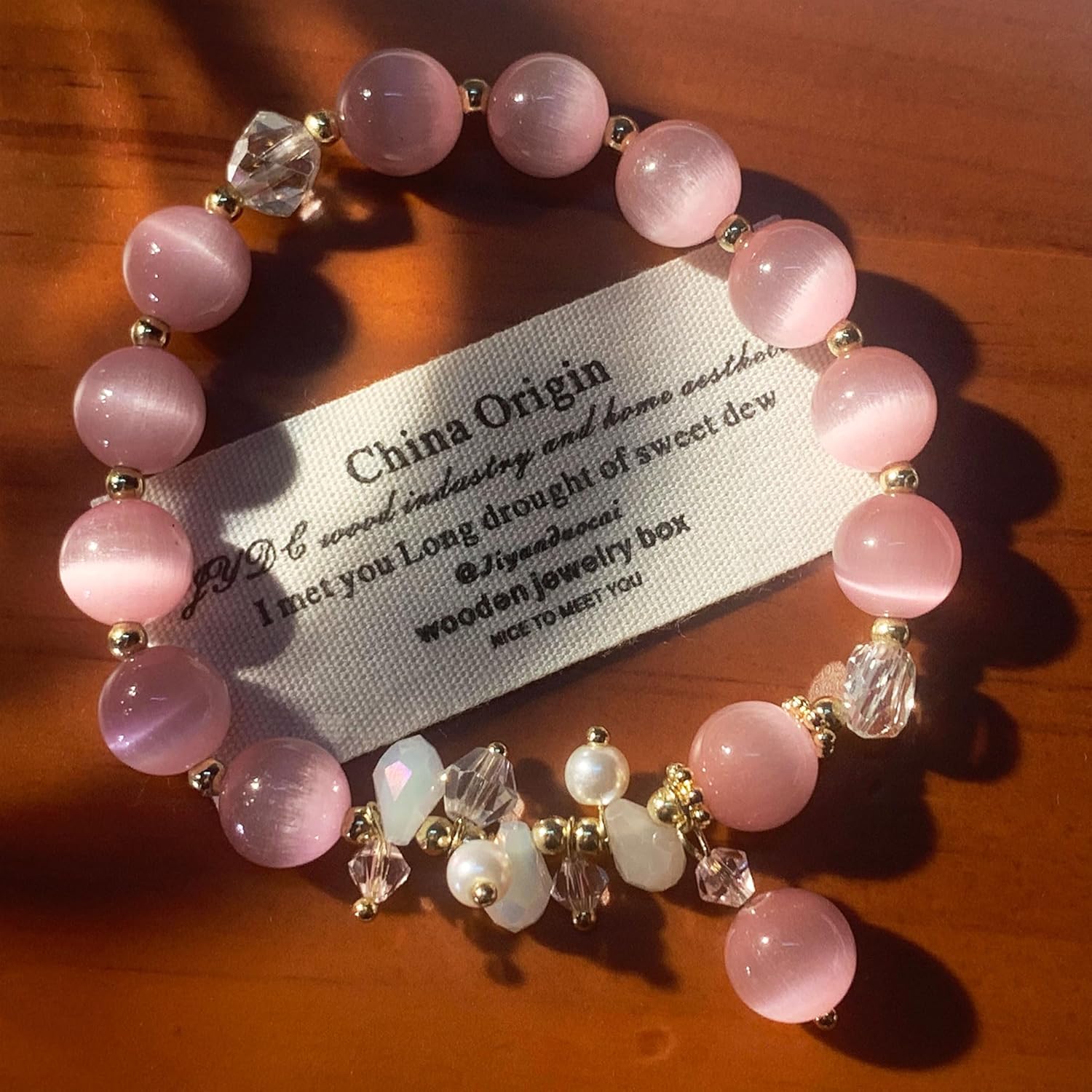 jasonking Women Cat's Eye stone Stretch Cristal Bracelet with Peals, Pink Gift for Birthday,Anniversary,Mothers' Day. - Image 7