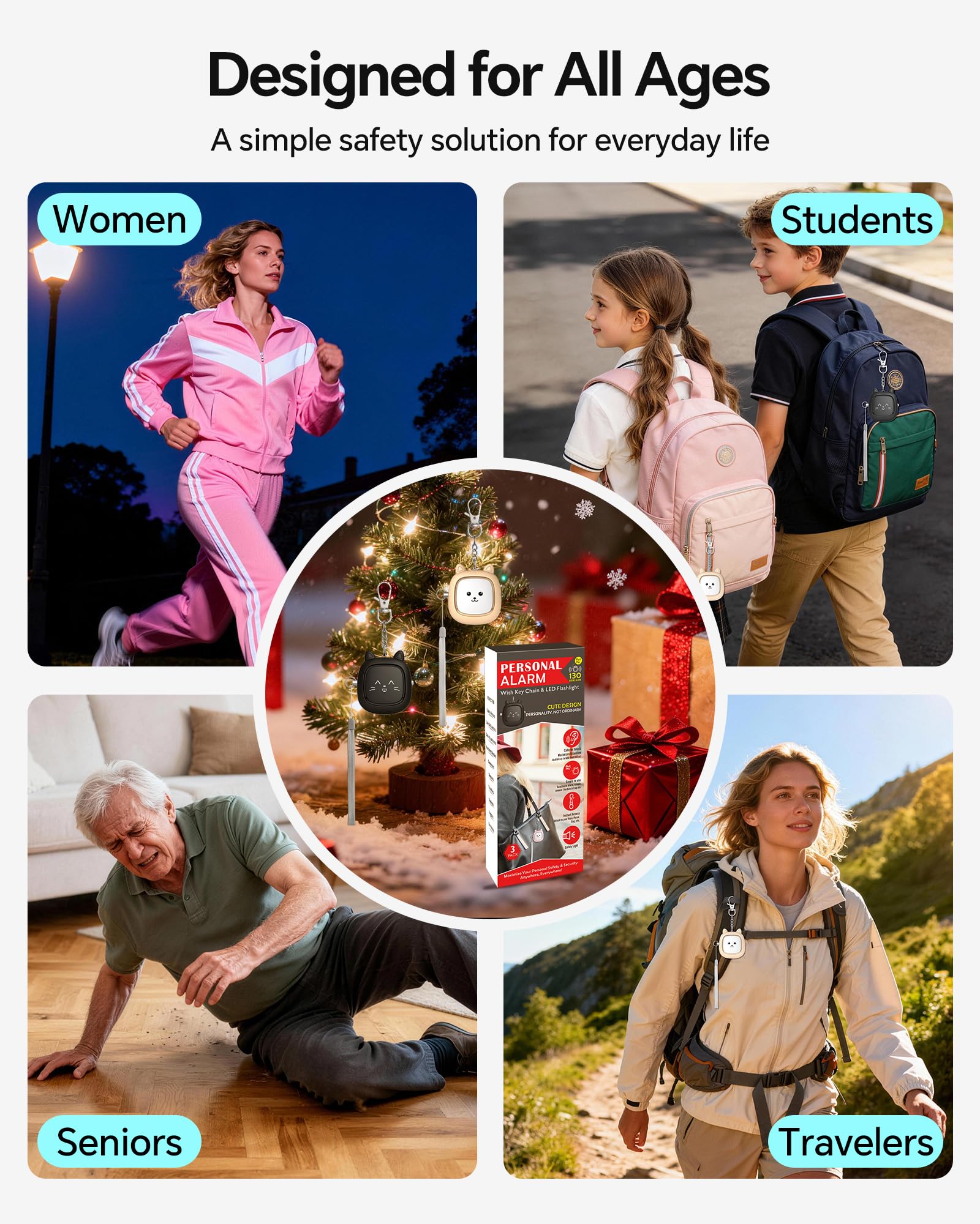 Alarma personal de sonido seguro, VIGOROAD 130 dB de alarma de emergencia con luz LED, sirena de seguridad de sonido personal para mujeres, hombres, niños y ancianos