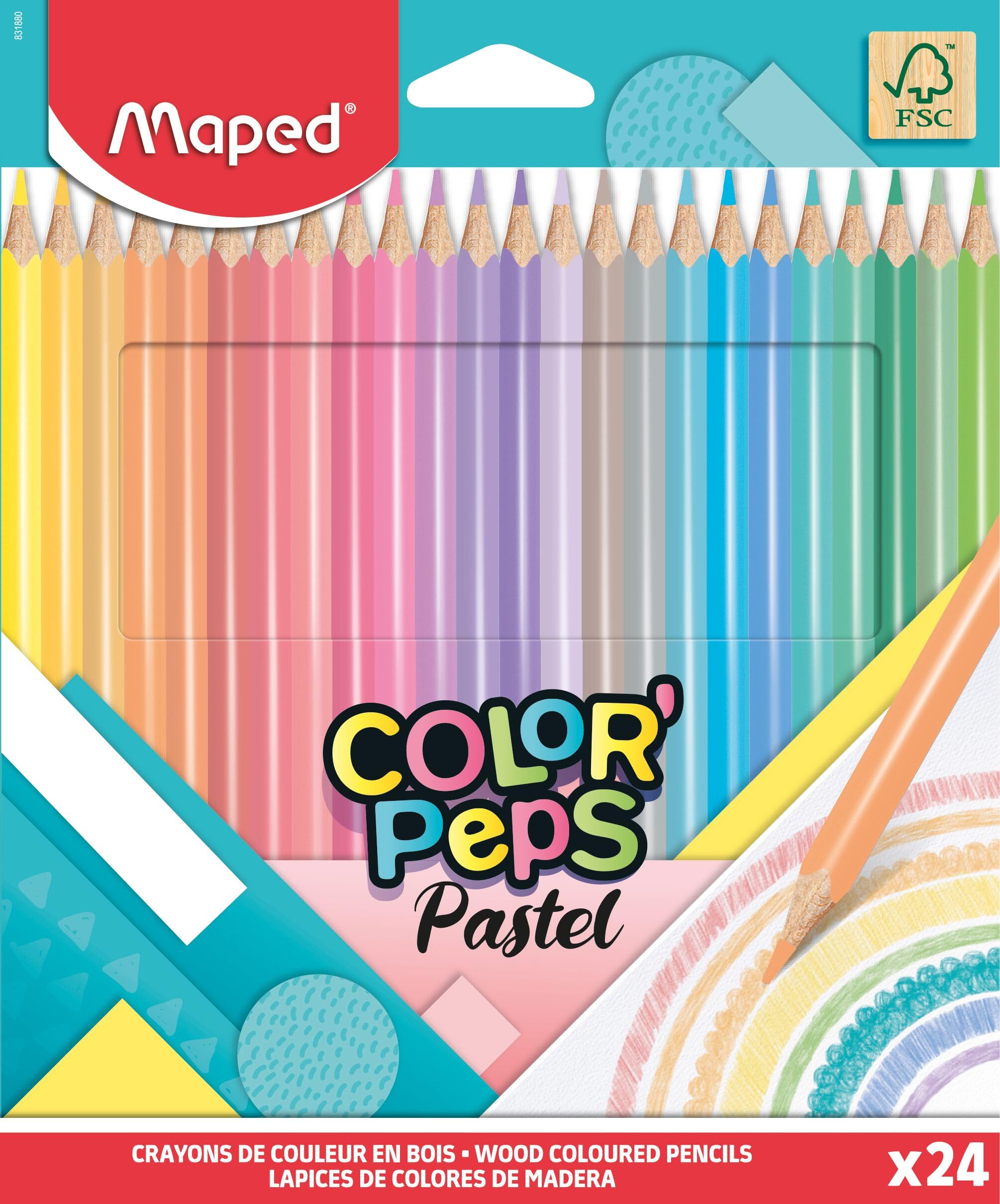 Maped - Color'Peps Pastel Coloured Pencils in FSC Wood - 24 Soft and Acidulous Colours - Ergonomic Triangular Pencil - Pouch of 24 Pencils