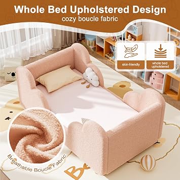 Toddler Bed, Toddler Floor Bed Upholstered, Low Profile Kids Beds, Standard Crib Size Toddler Bed Frame with Wood Slats for Girls and Boys, Montessori Floor Beds, Pink