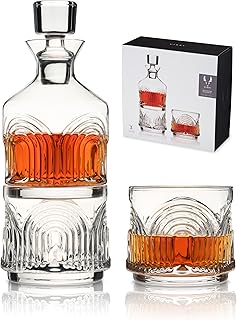 Viski Beau Stacking Decanter Set with Lowball Glasses - Crystal Decanter and Glasses for Whiskey - Art Deco Cocktail Glasses Whiskey Decanter Set of 3
