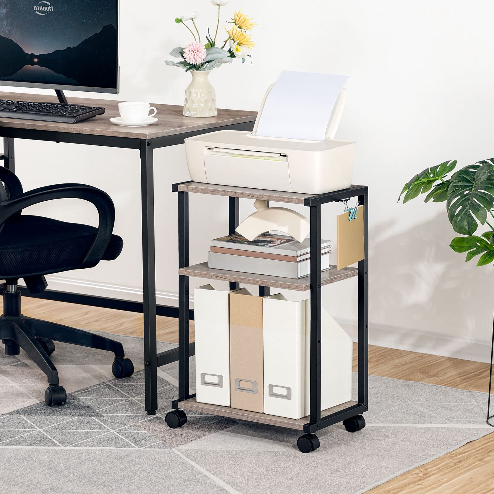 HOOBRO Soporte para Impresora, Carro de Impresora de Escritorio de 3 Estantes, con Pies Ajustables y Ruedas Bloqueables, para Oficina, Salón, Cocina, Estilo Industrial, Greige y Negro EBG28PS01N1