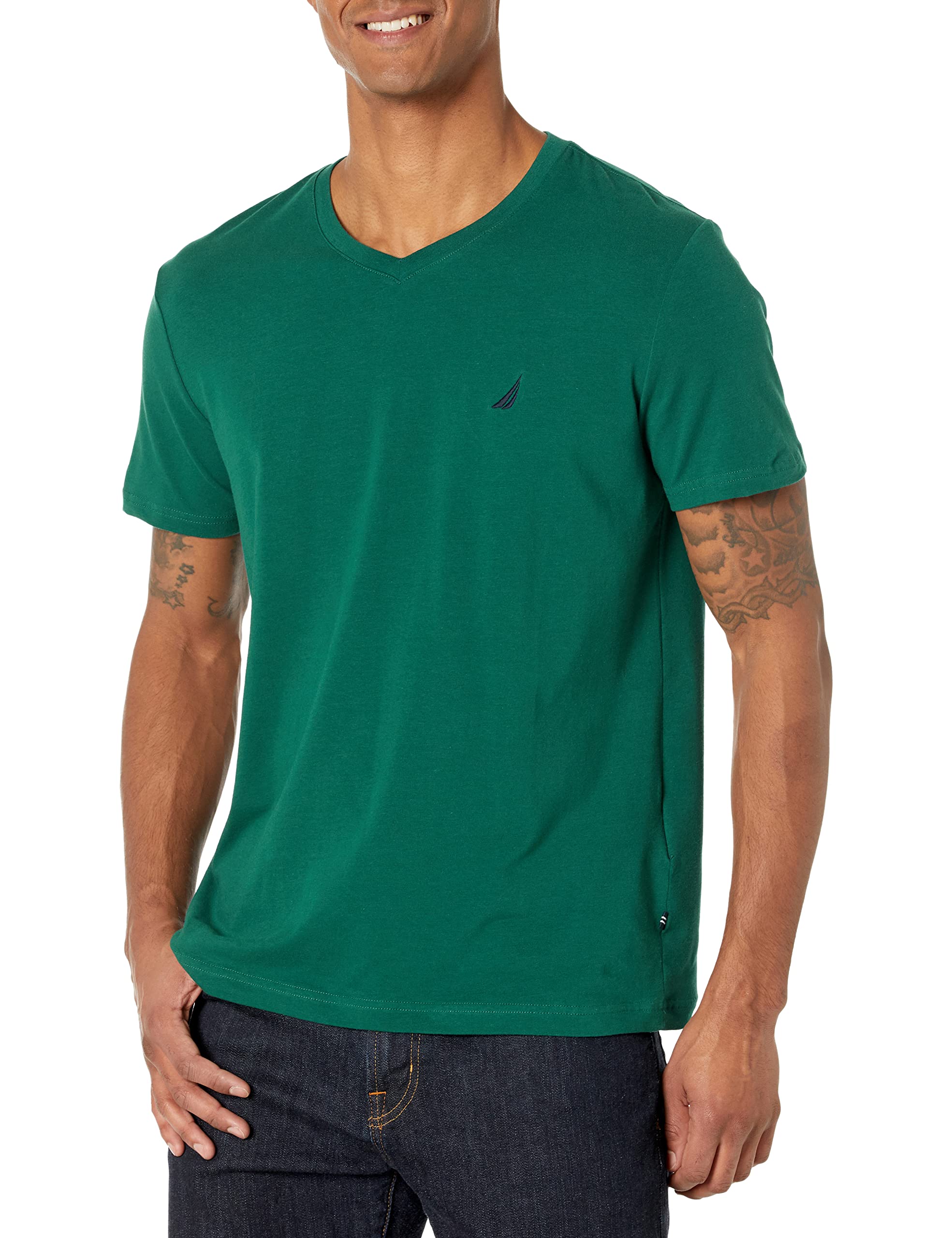Nautica Men's Short Sleeve Solid Slim Fit V-Neck T-Shirt, Pine Green, XXL