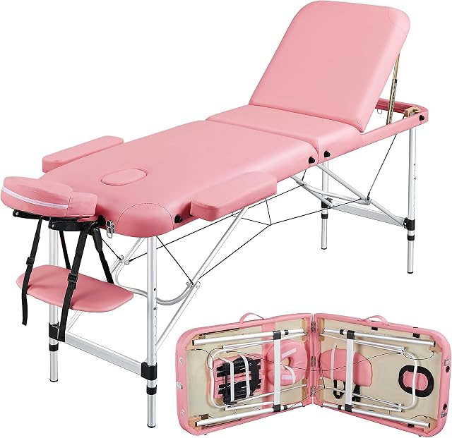 Yaheetech Massage Table Portable Tattoo Table Lash Bed 3 Section Foldable Aluminum Massage Bed Professional Tattoo Spa Table Bed Pink